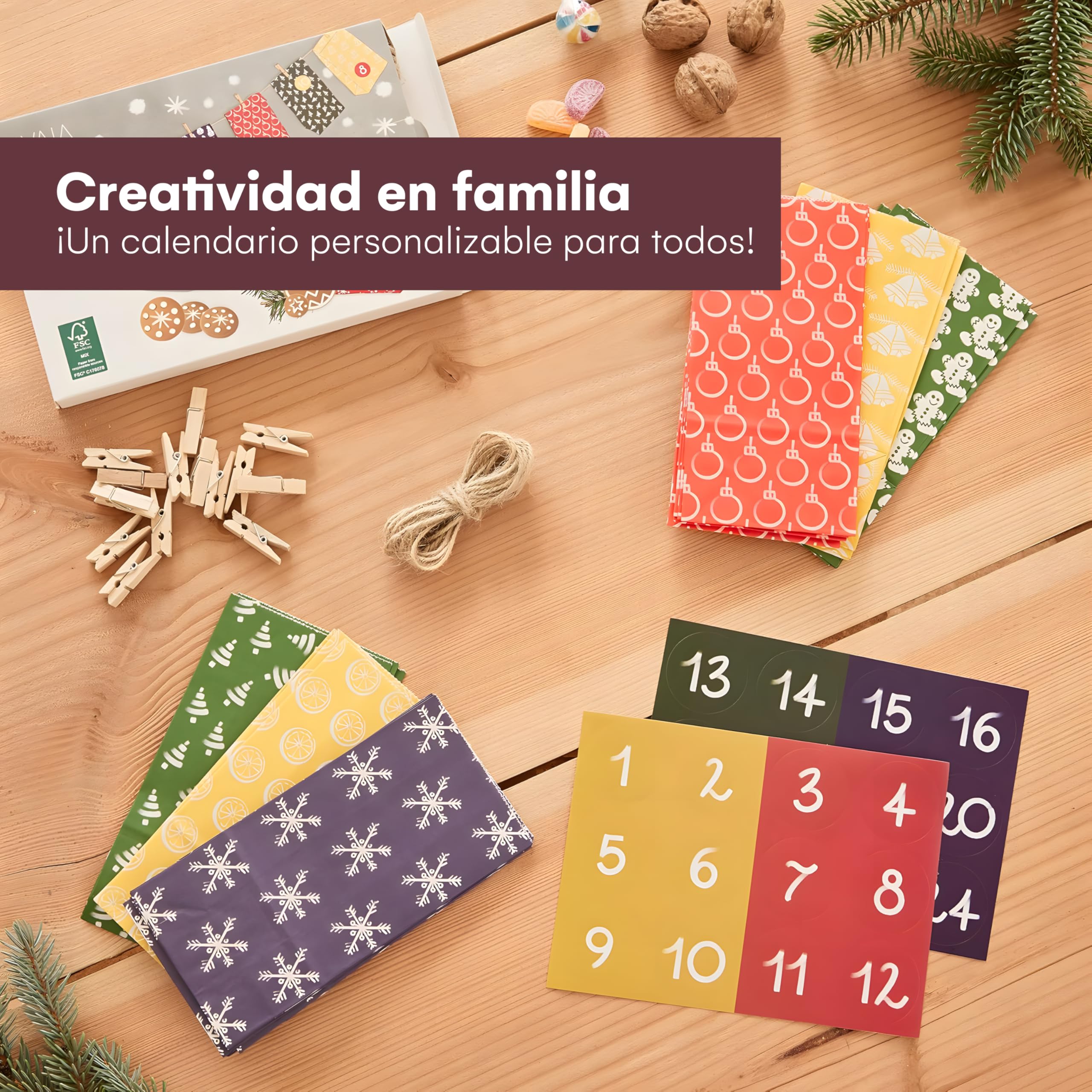 Calendario de Adviento para Rellenar DIY 2025 - Incluye 24 Bolsas Reutilizables, Pegatinas Numeradas y Pinzas de Madera - Calendario de Adviento Artesanal LIVAIA para Decoración Navideña