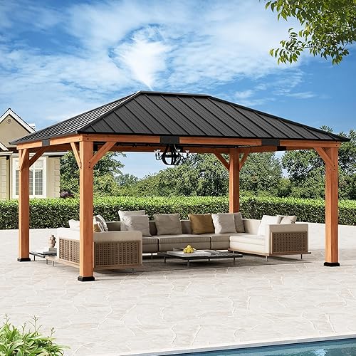 Modern Shade Tranquil Grove Wood Gazebo 12' x 16', Permanent Grill Gazebo with Galvanized Steel Hardtop Roof, Cedar Framed Wooden Pavilion for Garden, Backyard