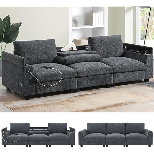 Merax 96" Chenille Sofa Recliner with Cup Holders, USB Charger & Bluetooth Speaker, 3 Seat Convertible to Loveseat Cloud Couches, Theater Double Seating W/Drop Down Table & Storage Armrest, Black