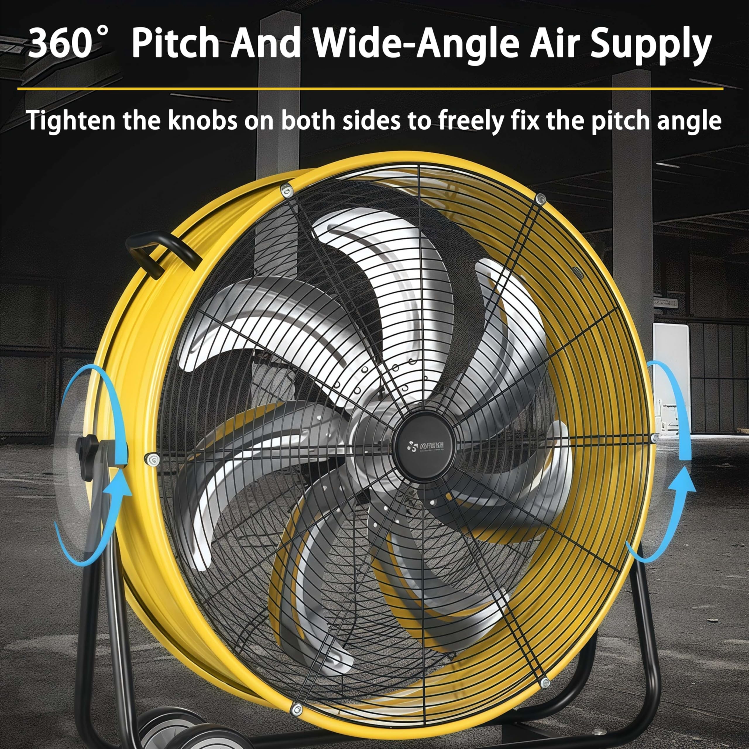 Ventilador de tambor industrial grande de 3 velocidades de alta velocidad con ruedas integradas y asa para garaje, almacén, talleres, fábrica y sótano