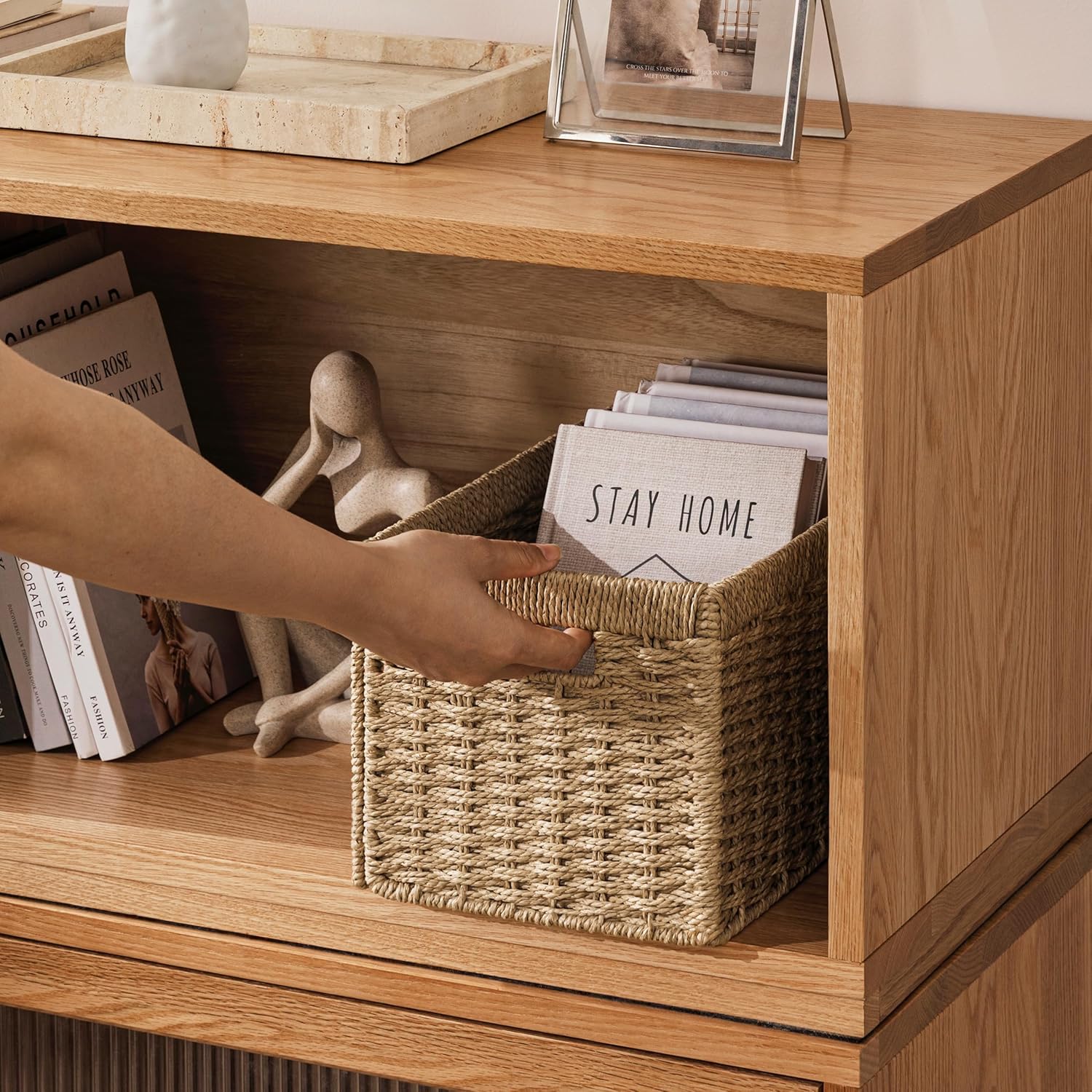 UBBCARE 4 Pack Wicker Basket, 13.4L×8.3H×7.1W inch Woven Paper Rope Storage Baskets for shelves, Foldable Rectangular Storage Baskets with Handle, Storage Basket for Organizing, Natural