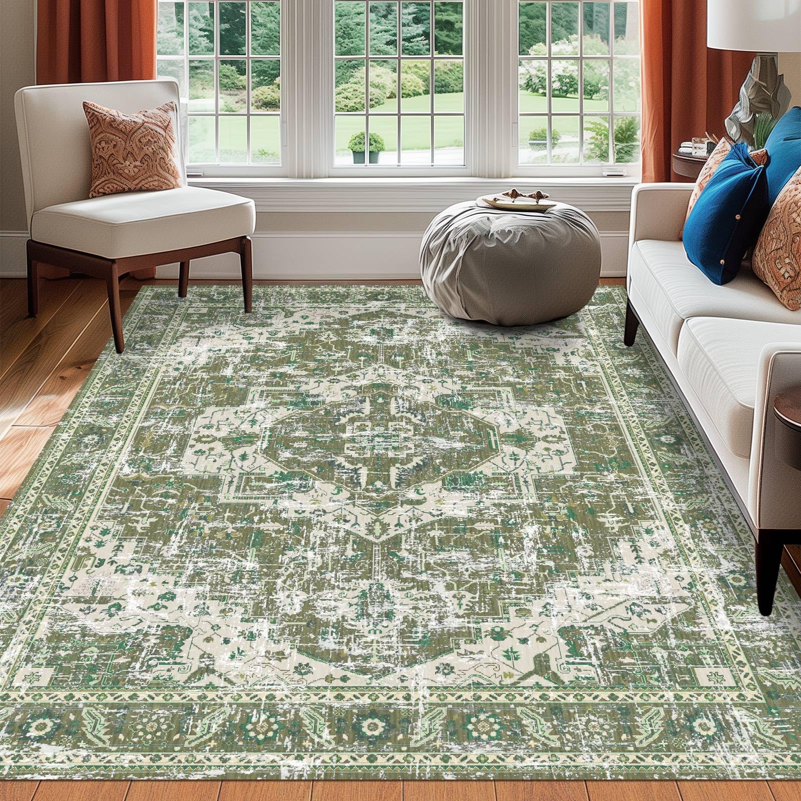 Washable Rugs Living Room Boho Area Rugs Vintage Farmhouse Olive Green 5x7 Neutral Modern Dusty Non Slip Small Carpet for Nursery Dining Room Bedroom