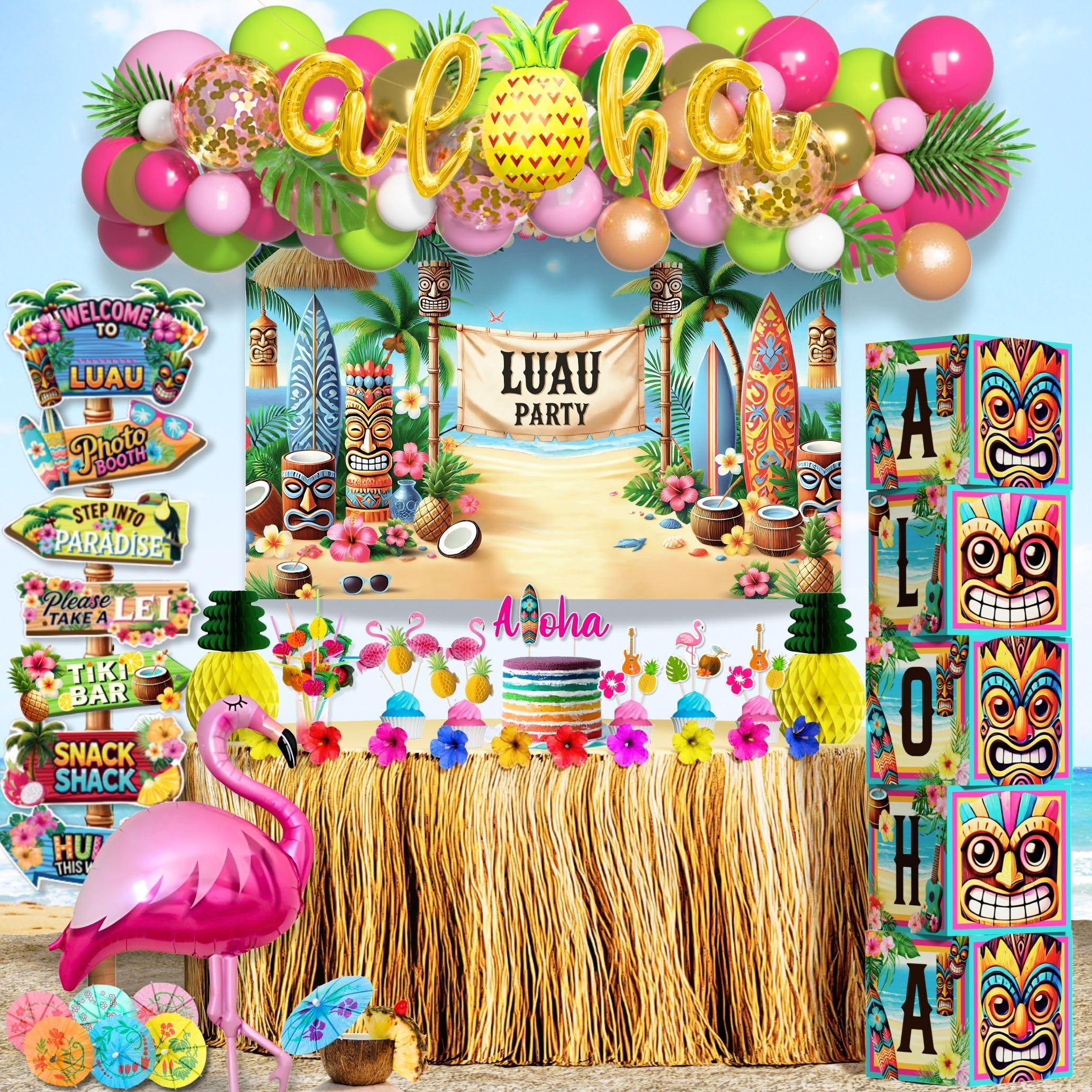 180 pc Luau Party Decorations Set – Hawaiian Birthday Party Decor with Balloons, Backdrop, Table Skirt, Toppers & More – Tropical Aloha Themed Supplies for Indoor & Outdoor Celebrations