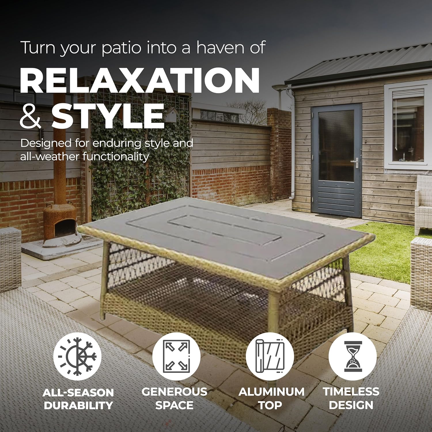 Four Seasons Courtyard Positano 40" x 26" Rectangular All-Weather Outdoor Open Weave Wicker Coffee Table with Decorative Top and Bottom Shelf, Brown