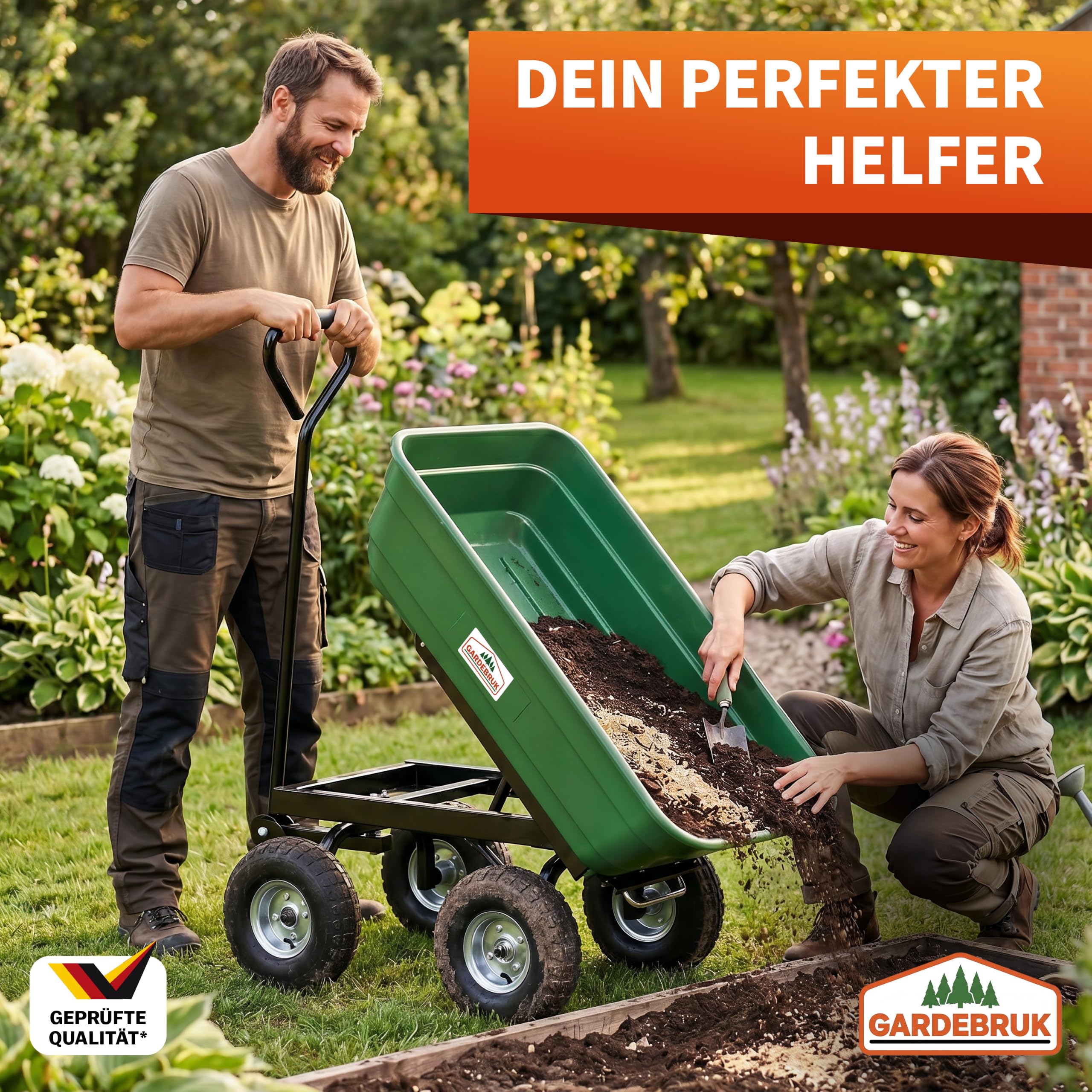 GARDEBRUK® Bollerwagen mit Kippfunktion 300kg Belastbar 4 Profil Gelände Räder Luftbereift Lenkachse 75L Groß Transportwagen Handwagen Gartenwagen
