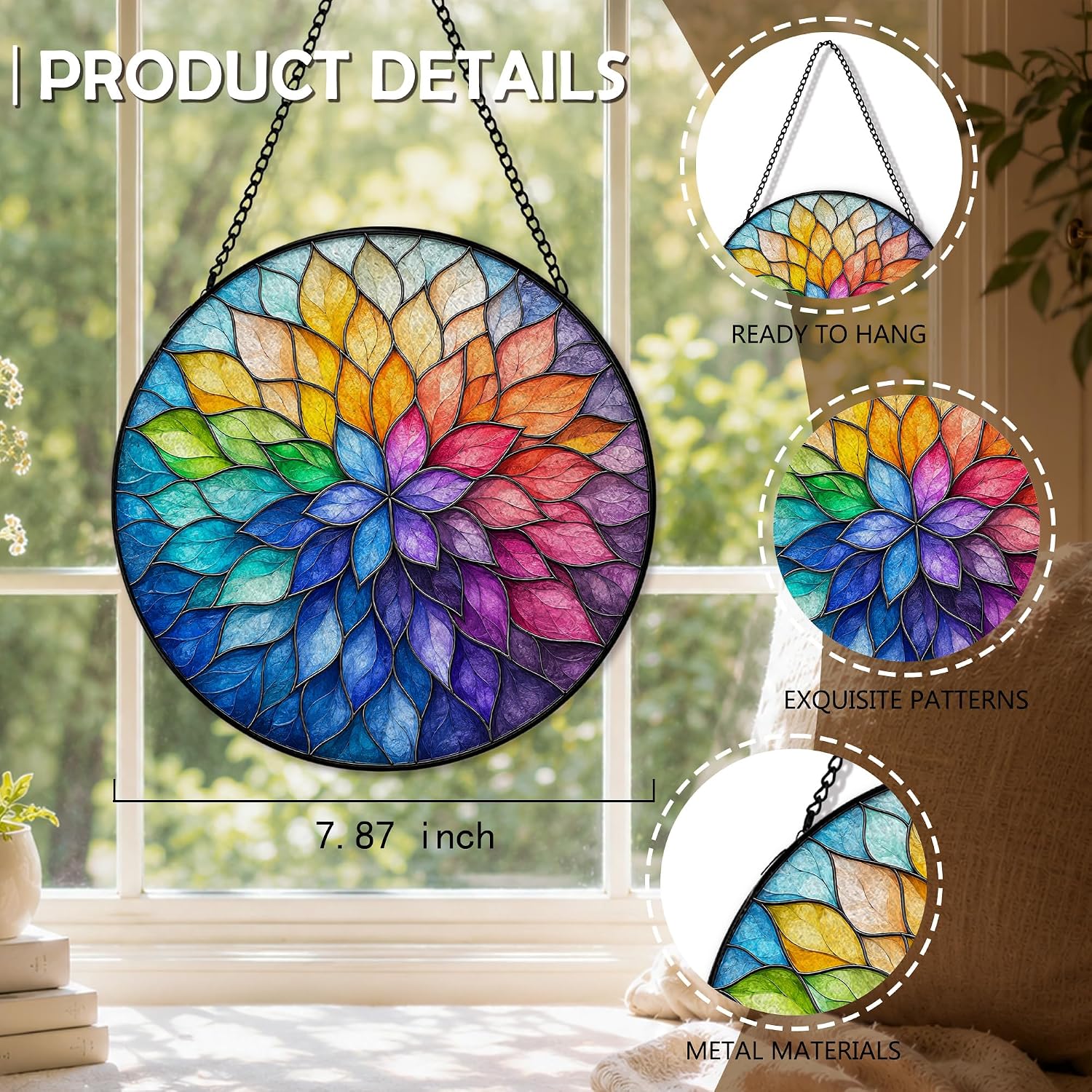 Boho Rainbow Spiral Flower Sun Catcher Indoor Window, Flower Stained Glass Window Hanging, Retro Trendy Colorful Rainbow Spiral Floral Suncatcher Decor for Home Room Garden 7.8x7.8in
