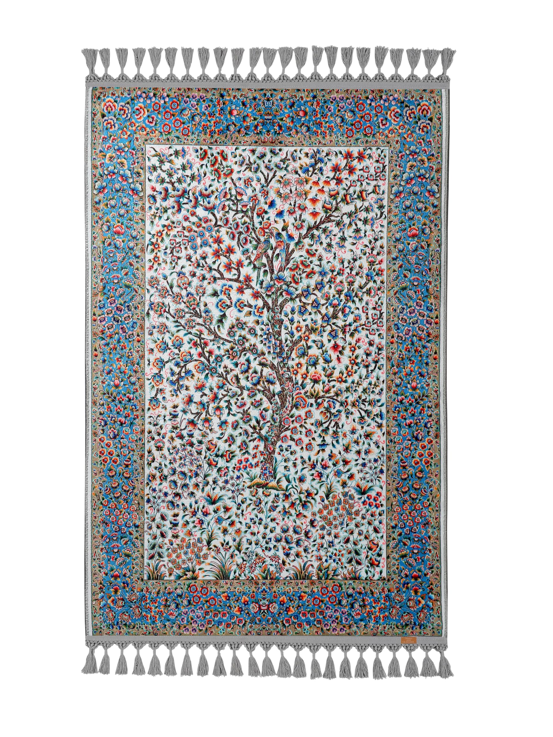 Alfombra de oración turca con diseño floral de árbol de la vida y flecos burdeos