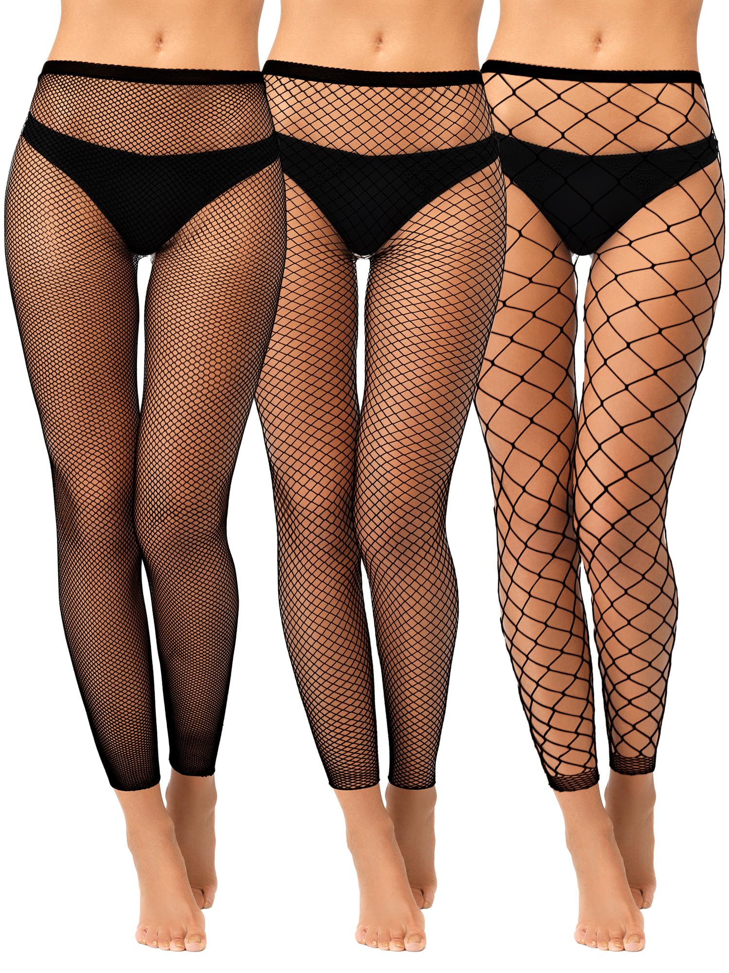 Jadive 3 Collants en Résille sans Pied Noirs Gothiques Leggings en Filet de Taille Haute sans Orteils