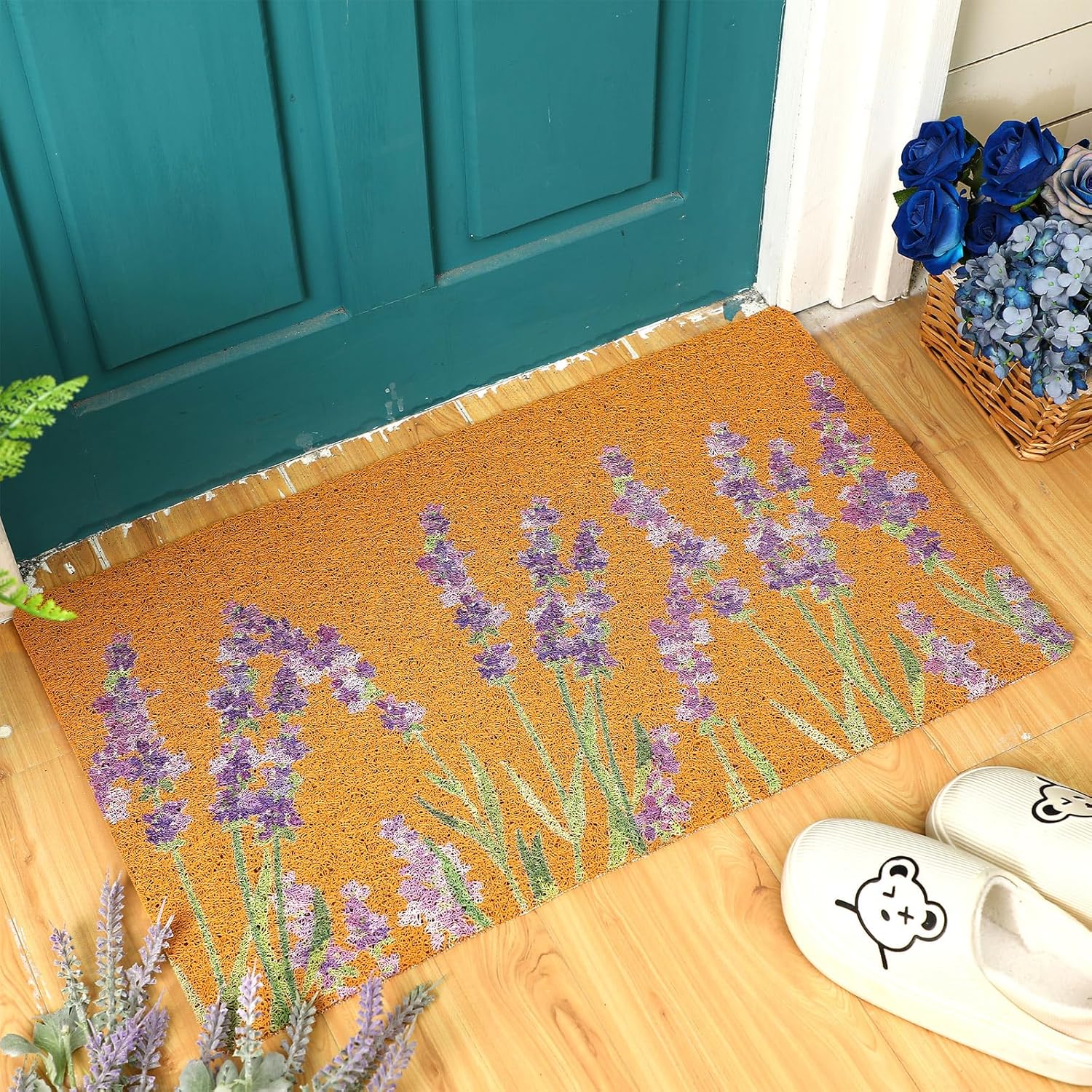 Floral Coir Doormat and Spring Wreath Set Flower Welcome Door Mat for Front Door 17.7 x 29.5 Inch Coco Coir Doormat Summer Porch Decor for Garden Garage Patio Home Entrance(Lavender)