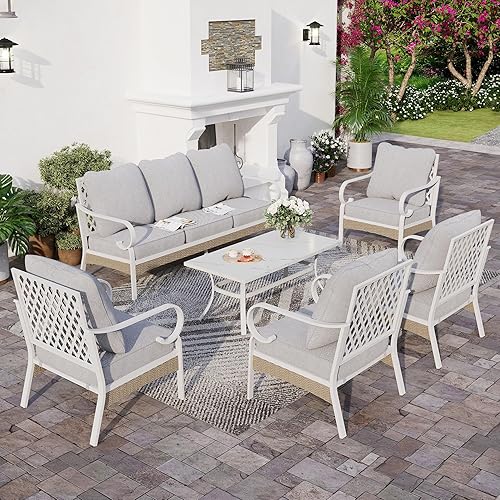 SUNSHINE VALLEY 6 Piece Metal Outdoor Patio Furniture Set, Patio Conversation Sets 1 3-seater Sofa, 4 Single Sofa with 5.75" Extra Thick Cushion and Coffee Table, White Frame Backyard Furniture, Gray
