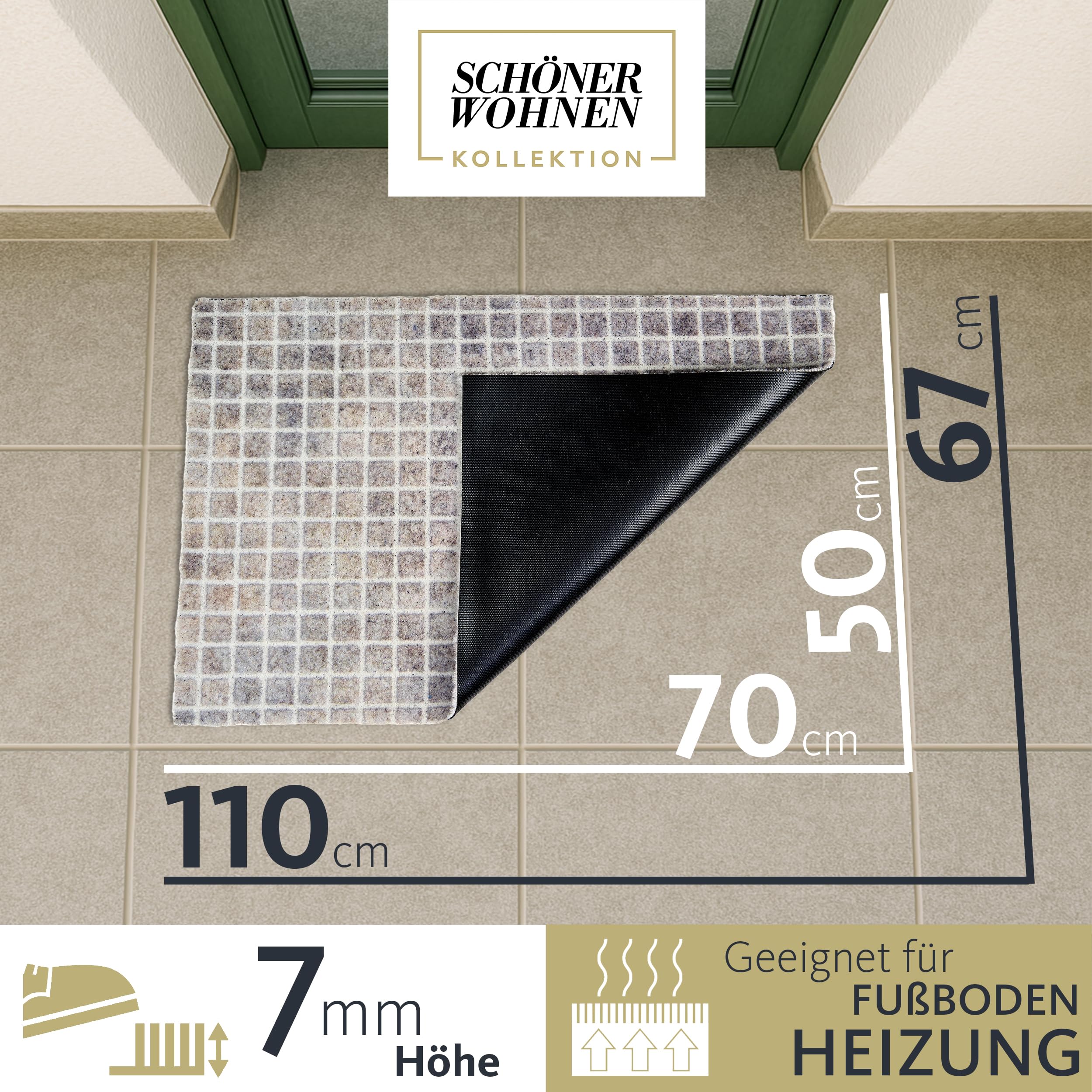 Schöner Wohnen Kollektion Wycieraczka na zewnątrz i do wewnątrz – mata zatrzymująca brud 67 x 100 cm, beżowa karo – antypoślizgowa mata do czyszczenia – wycieraczka do drzwi wejściowych – wycieraczka
