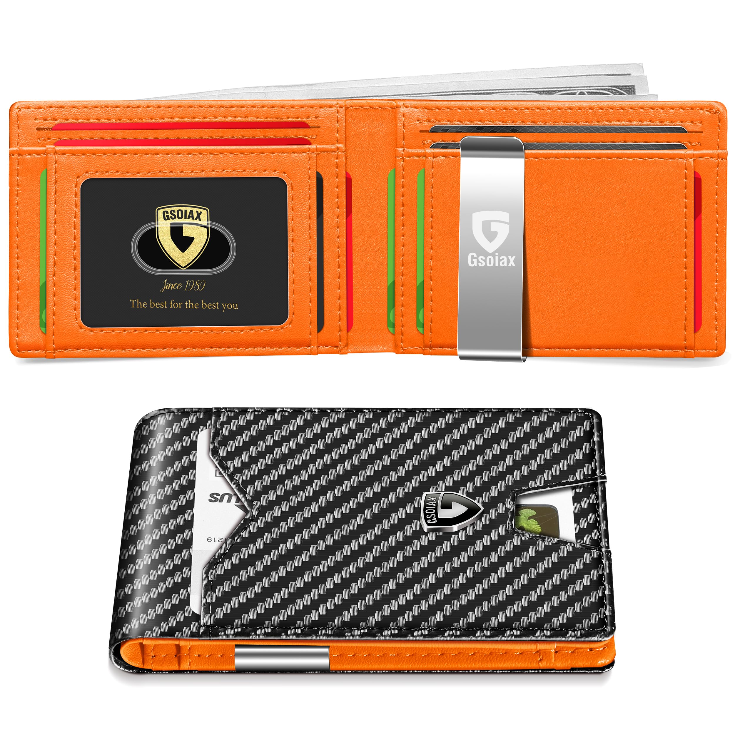 Mens Slim Wallet for Men Minimalist Genuine Leather Carbon Fiber Rfid Blocking Bifold Credit Card Holder With Gift Box (Carbon and Orange -money clip)