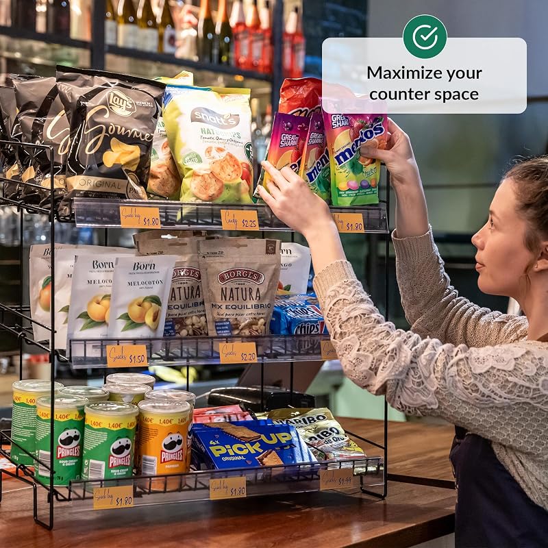 ODOXIA Fém Édességtartó Polc - Fekete Króm Snack Állvány Üzletekbe, Otthonba, Irodába - Többszintes Élelmiszer Szervező Pultokra