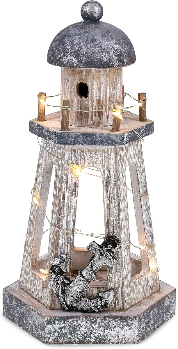 Silver Sea Nautical Outdoor Lantern Lighthouse with LED Lights | outdoor decor for patio, decorative lanterns for home decor, outdoor centerpieces for tables, tabletop lantern decor