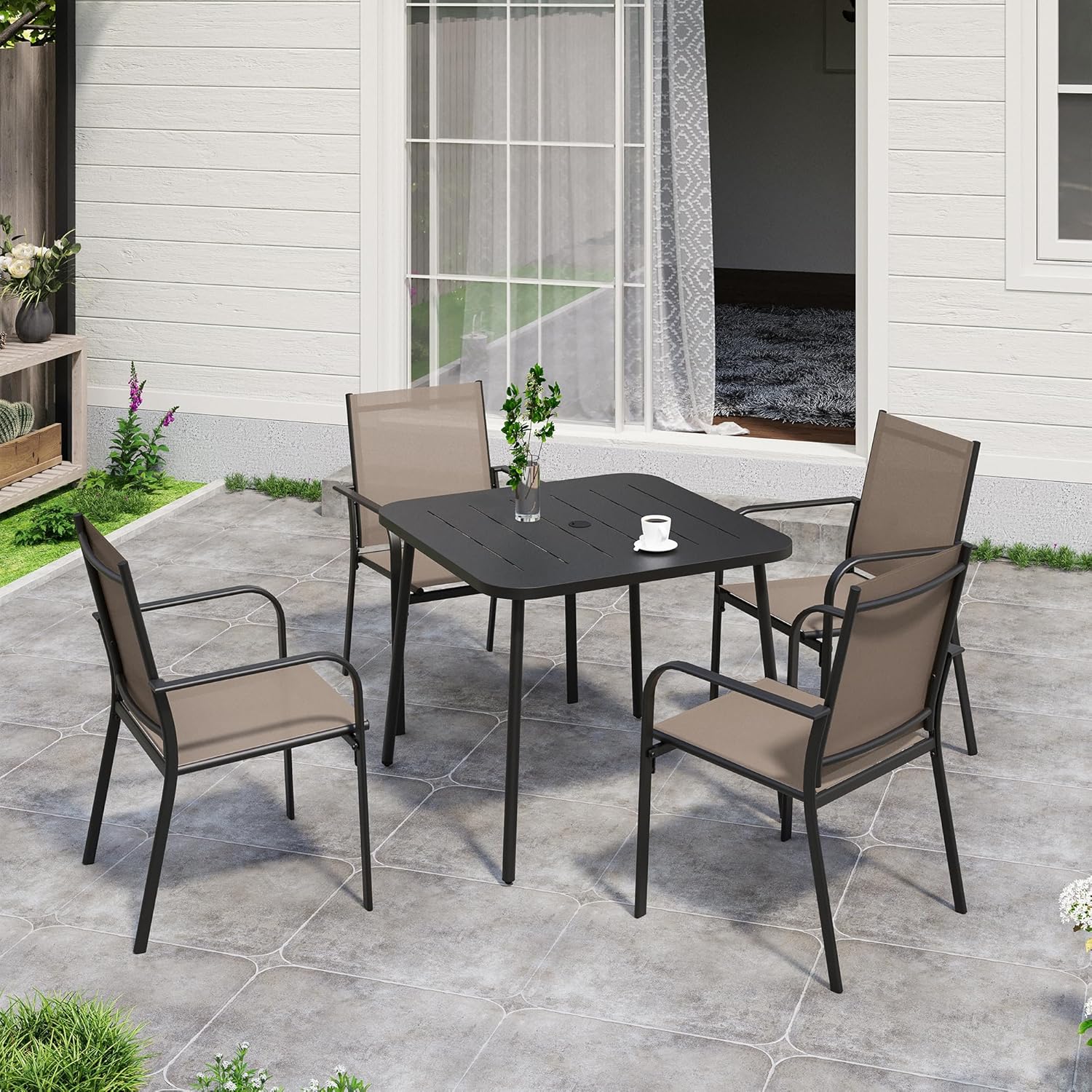 LAUSAINT HOME 5 Pieces Outdoor Dining Set, Patio Furniture Set of 4 Textilene Chairs with Square Metal Slatted Table with Umbrella Hole, Outdoor Table and Chairs Set for Backyard, Garden, and Poolside