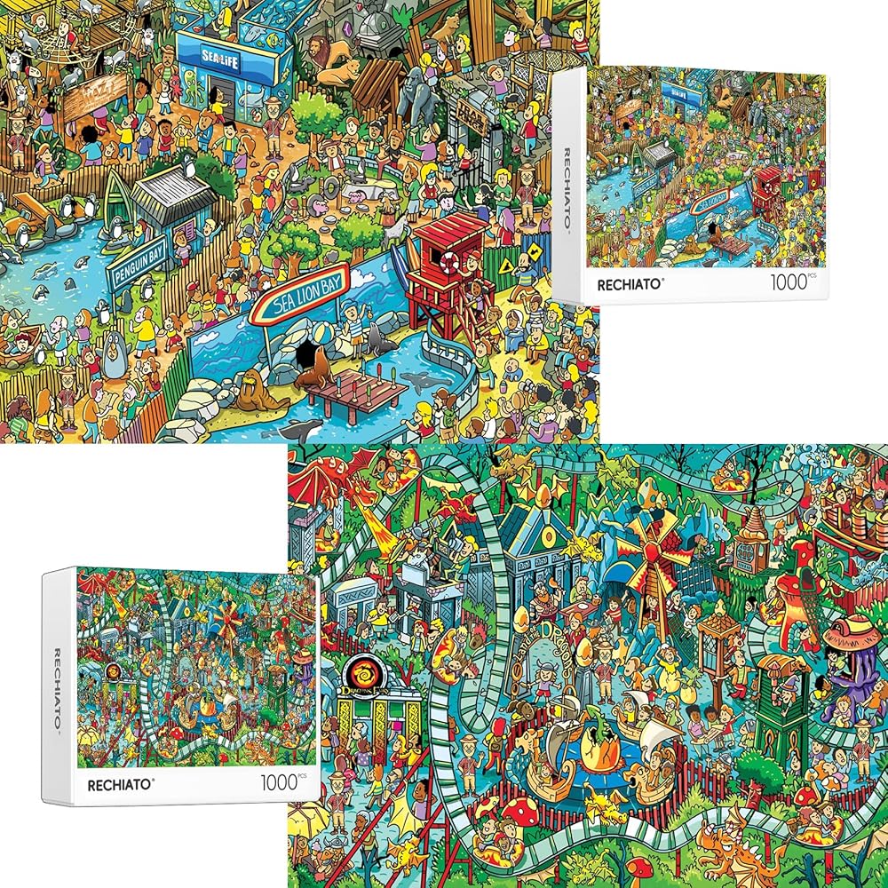 Jigsaw Puzzles for Adults, 2 Pack 1000 Pieces Ocean Park Dinosaur Park Puzzle, Cartoon Painting Challenging Puzzles for Family Activity Game Nights Gifts Fidget Stress Relief