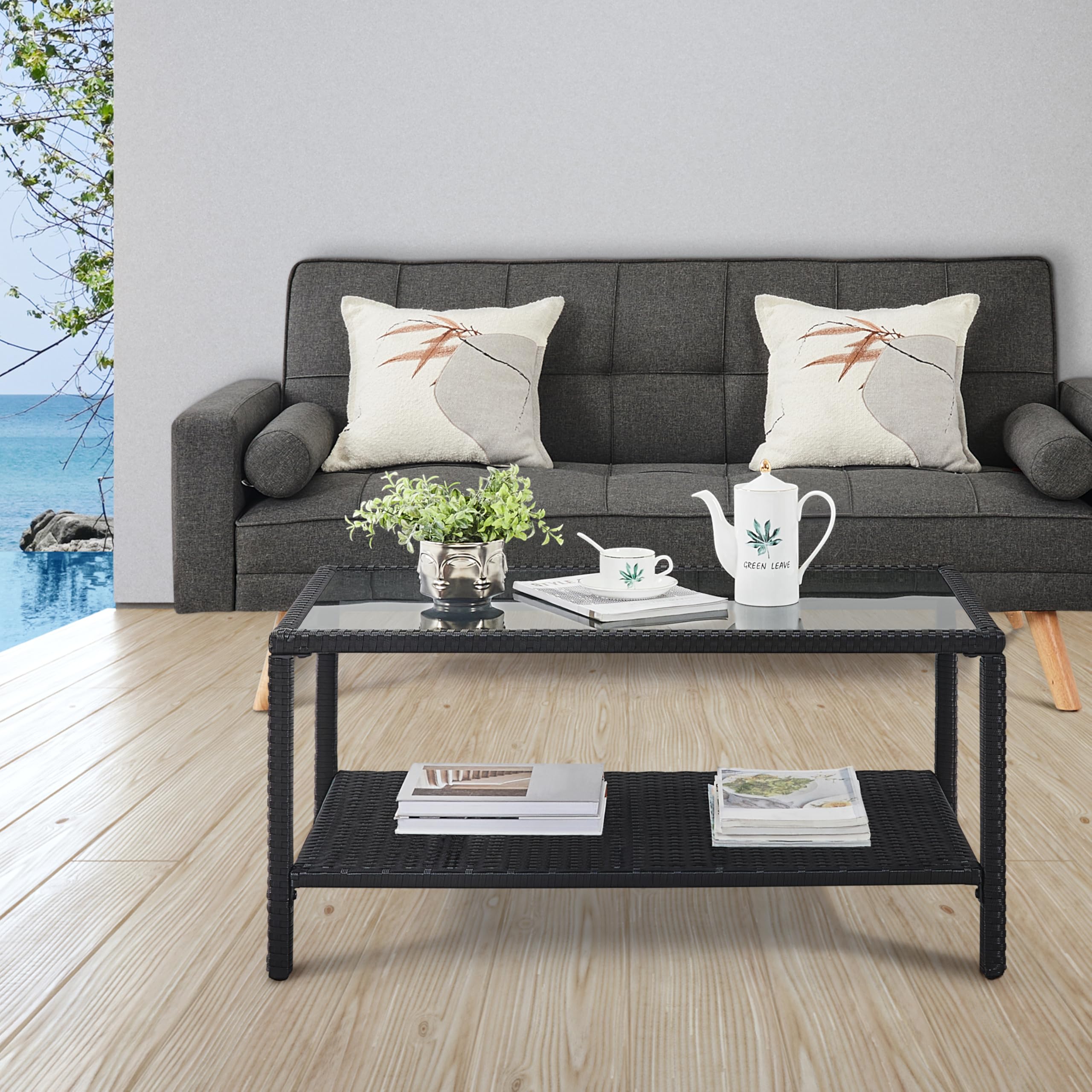 Yaheetech Table Basse de Jardin Rotin Résine Tressée Verre Trempé 5 mm 92 x 50 x 47 cm Gris