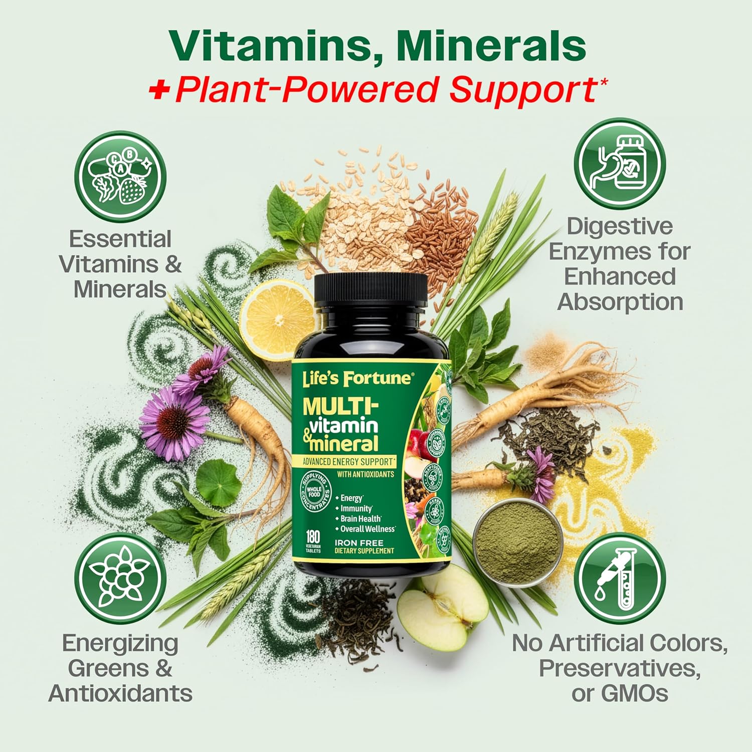 Life's Fortune Whole Food Multivitamin & Mineral Supplement for Men & Women – Energy Support Vitamins for Immune, Brain & Metabolism Support – Iron Free, 180 Vegetarian Tablets