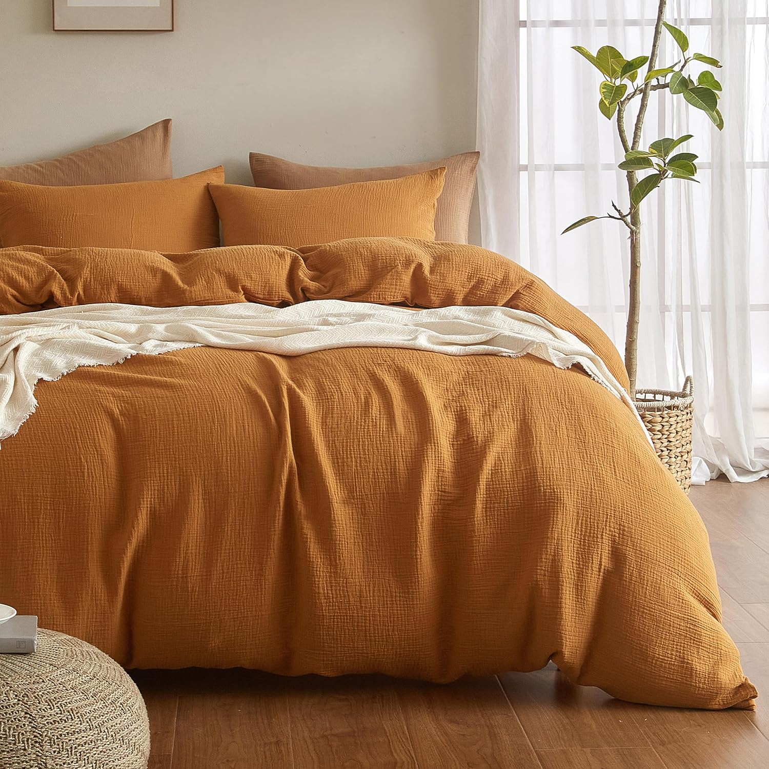 SE SOFTEXLY Muslin Duvet Cover King Size, 100% Washed Cotton Duvet Cover Set, Ultra Soft Comforter Cover Linen Like, 3 Pieces Minimalist Gauze Duvet Cover with 2 Pillowcases, 90"x104", Pumpkin King C-pumpkin
