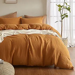 SE SOFTEXLY Muslin Duvet Cover King Size, 100% Washed Cotton Duvet Cover Set, Ultra Soft Comforter Cover Linen Like, 3 Pieces Minimalist Gauze Duvet Cover with 2 Pillowcases, 90"x104", Pumpkin