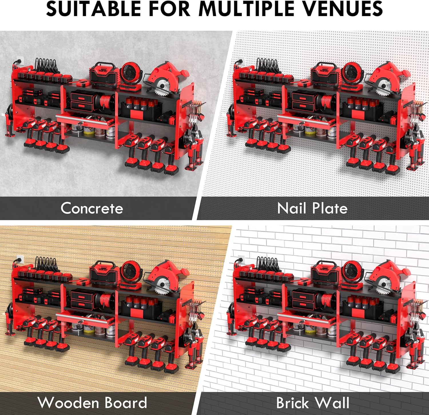 KSVO Large Power Tool Organizer Wall Mount with Locking Drawers, Grinder Holder, Hammer & Pliers Rack, & 6-Outlet Charging Shelf – Heavy Duty Metal Tool Storage for Garage & Workshop