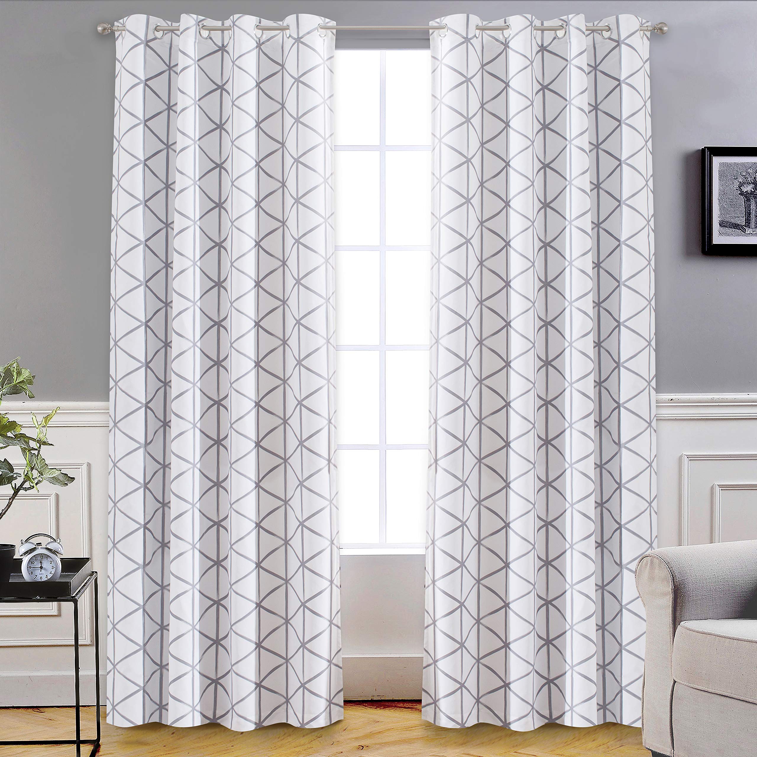 DriftAwayGeometric Mid Century Modern Blackout Curtains for Living Room Bedroom 96 Inch Length Moroccan Lined Gray and White Draperies Thermal Grommet Top Window Treatment 2 Panels
