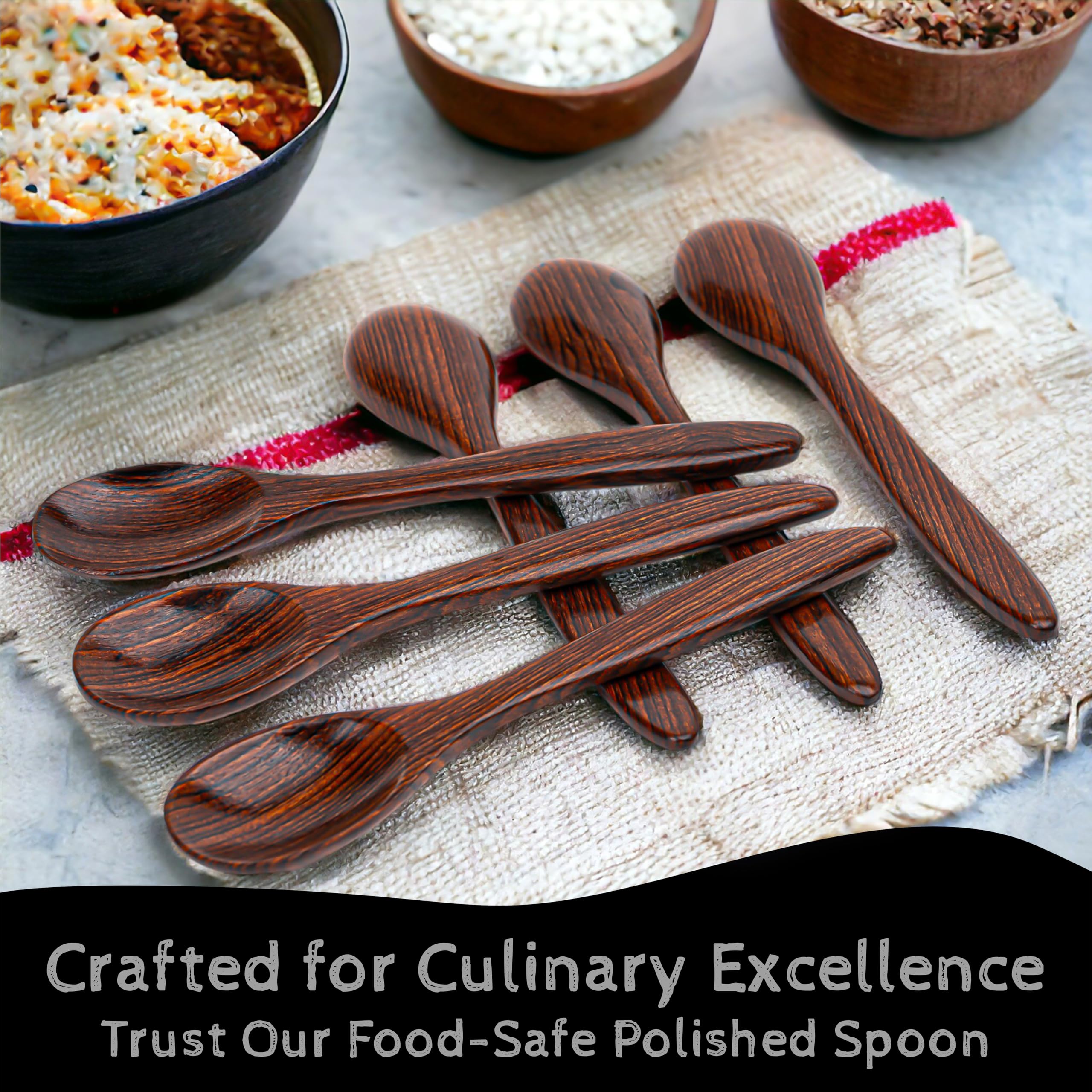 Displayex India Premium Rosewood Small Wooden Spoons for Eating, Stirring & Cooking - Wooden Honey Spoon Set for Tea - Perfect for Honey, Tea, Coffee, Spices - Wooden Soup Spoon (Set of 6)