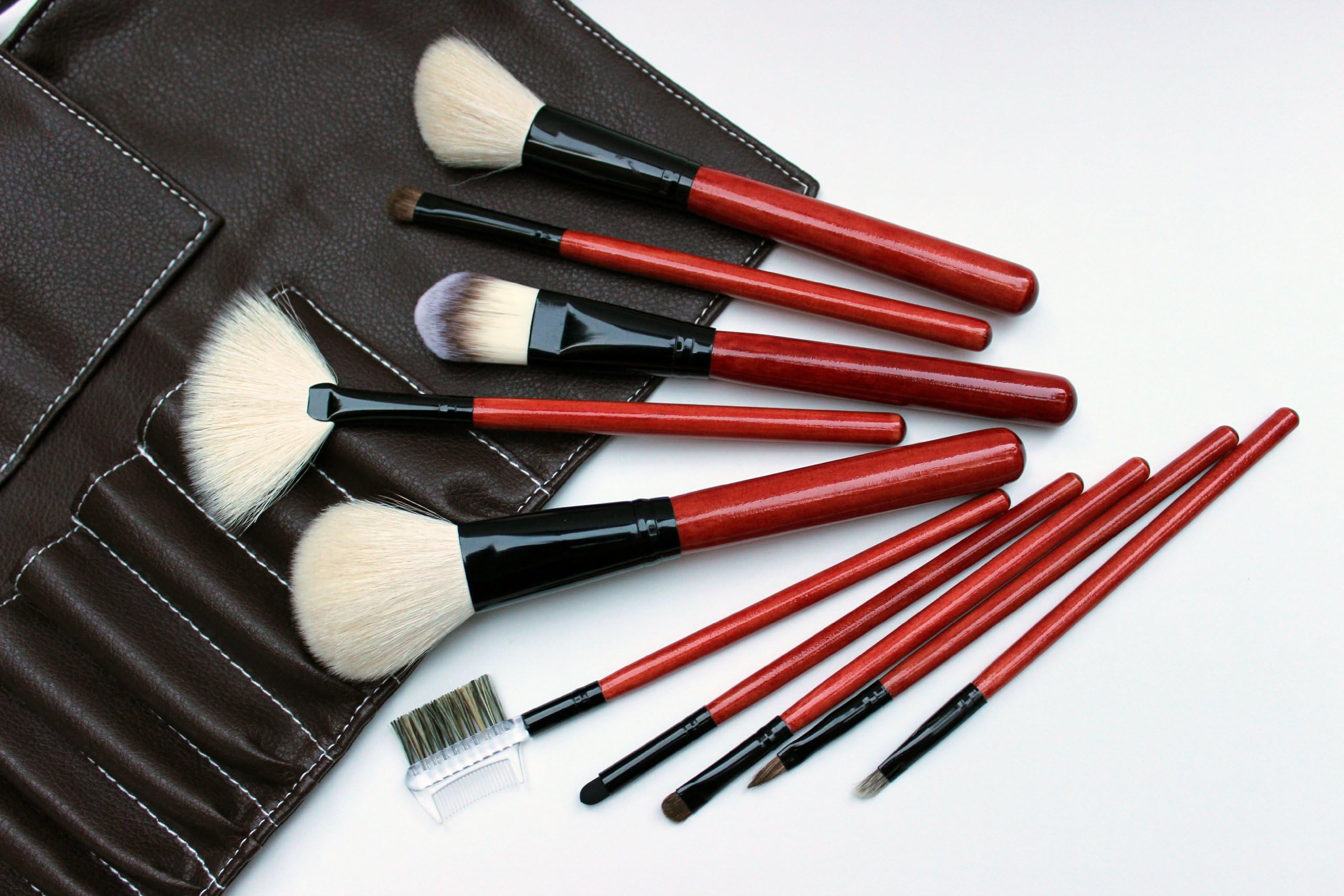 Complete 10 Piece Home Use or Travel Make-up Brush Set. Cosmetic Brushes Made with Goat and Pony Hair. Full Pro Travel Makeup Brush Kit with Top Quality Faux Leather Brush Holder Case