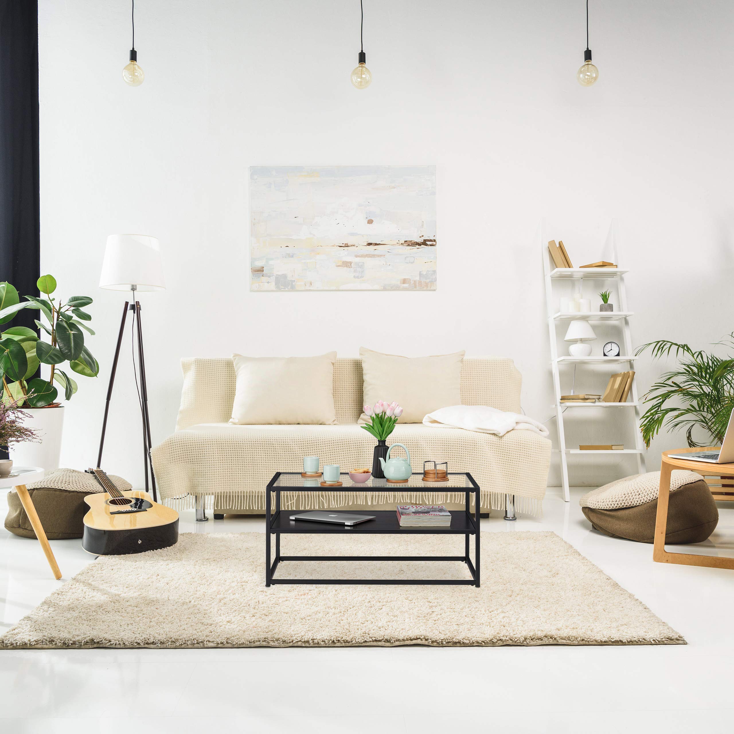 Relaxdays Tavolino da Divano, Ripiano in MDF, Vetro & Metallo, Design Moderno, Elegante Tavolino da Salotto, HLP 42x90x50 cm, Nero