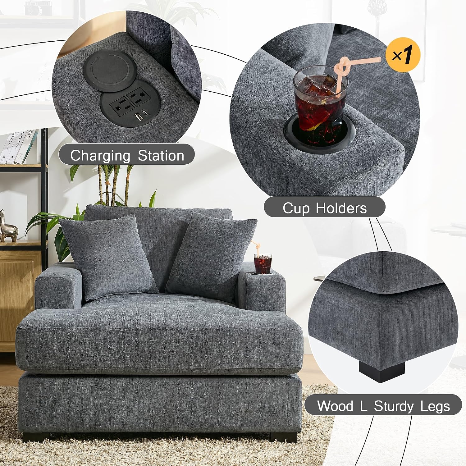 Oversized Chaise Lounge Chair Indoor with Cupholder and USB, 43.5" W Modern Cozy Upholstered Sofa Sleeper Couch Recliner, Comfy Arm Chair w/ Pillow for Living Room Bedroom Office (Blue Gray Chenille)