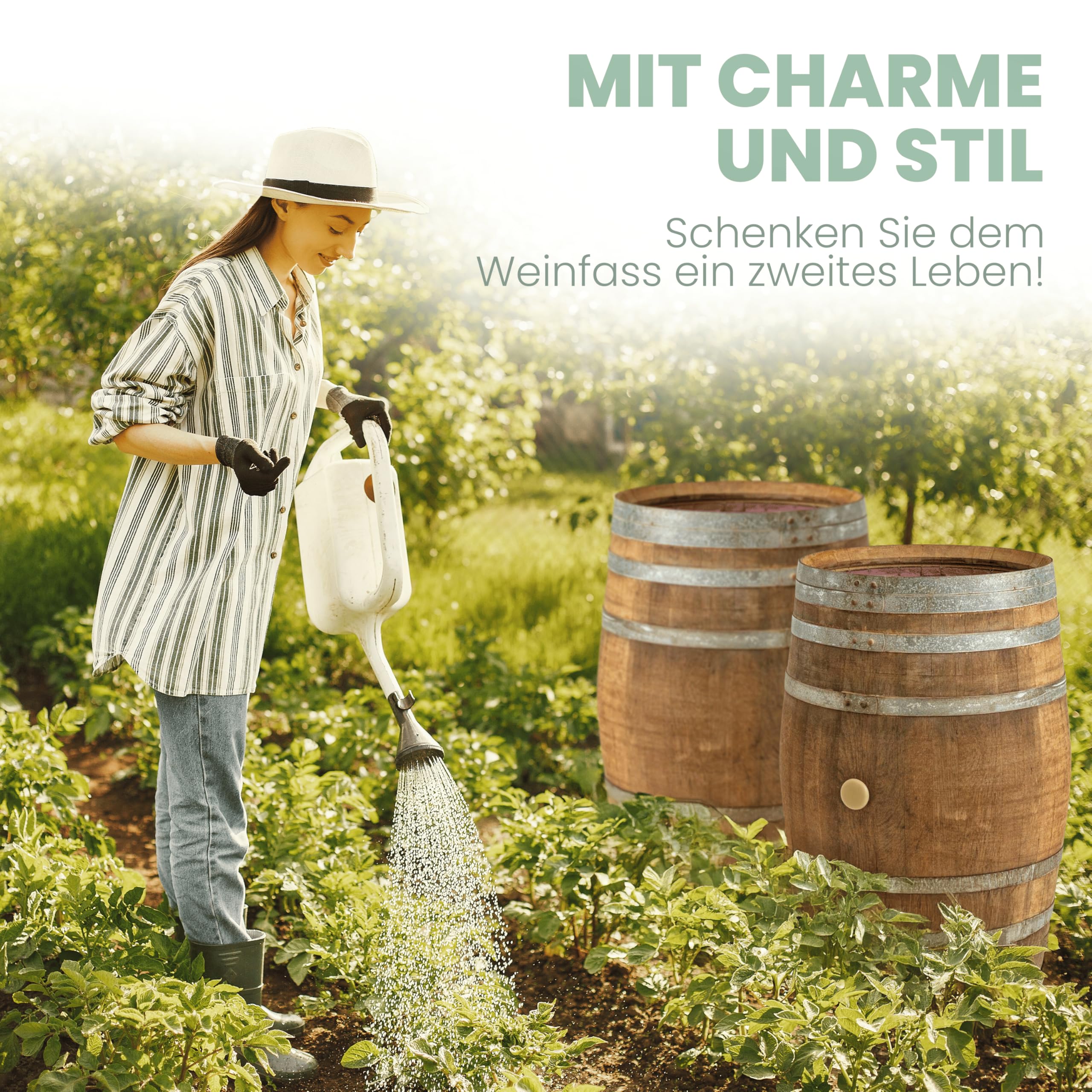 Regentonne, Regenfass Holzfass, Weinfass, Tonne Barrique Eiche 225 Liter Wasserfass - original Temesso-Fass