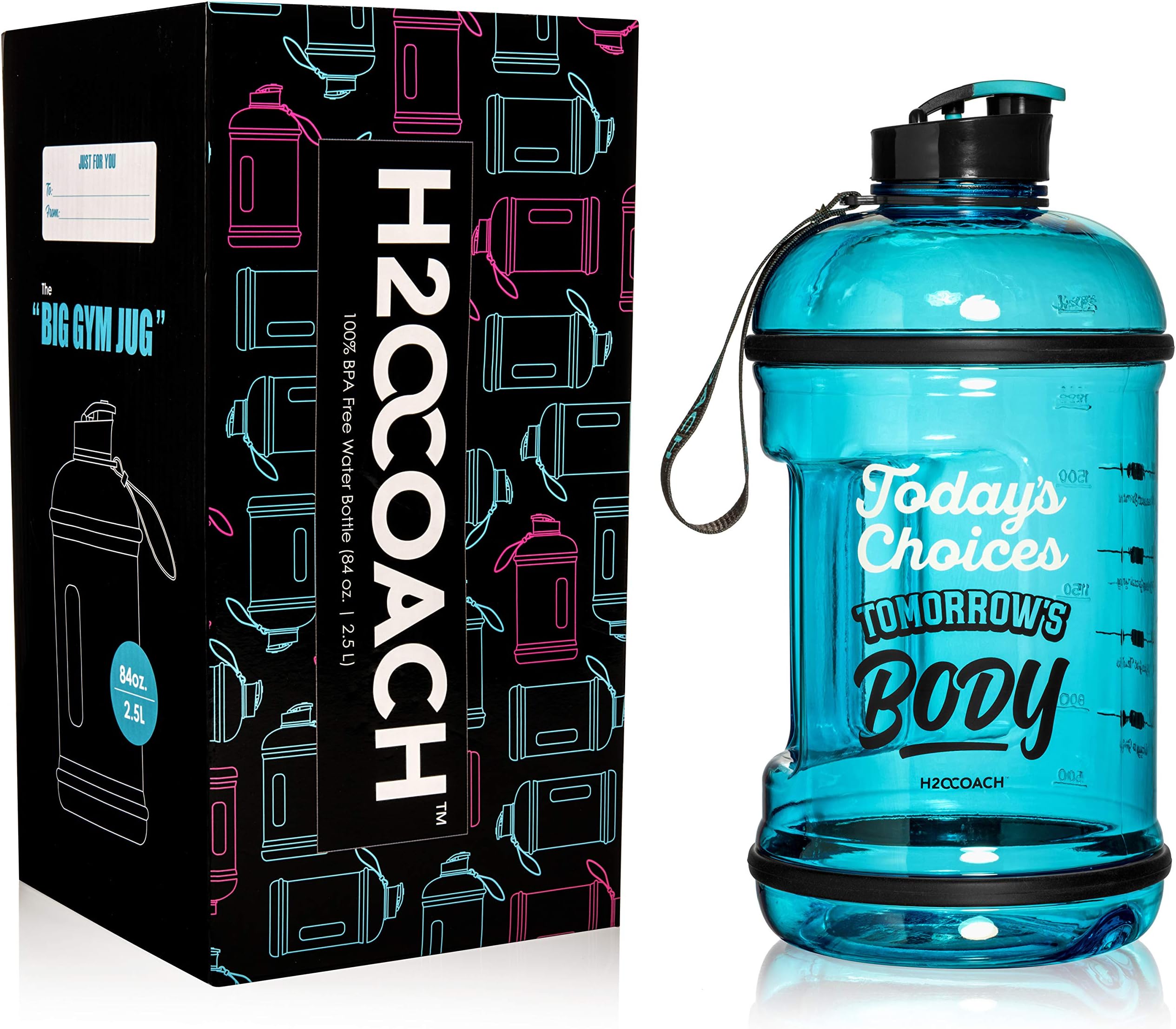 H2OCOACH Half Gallon Sports Water Bottle with Time Marker | Motivational 2.5 Liter, Reusable BPA Free Jug (84 oz)