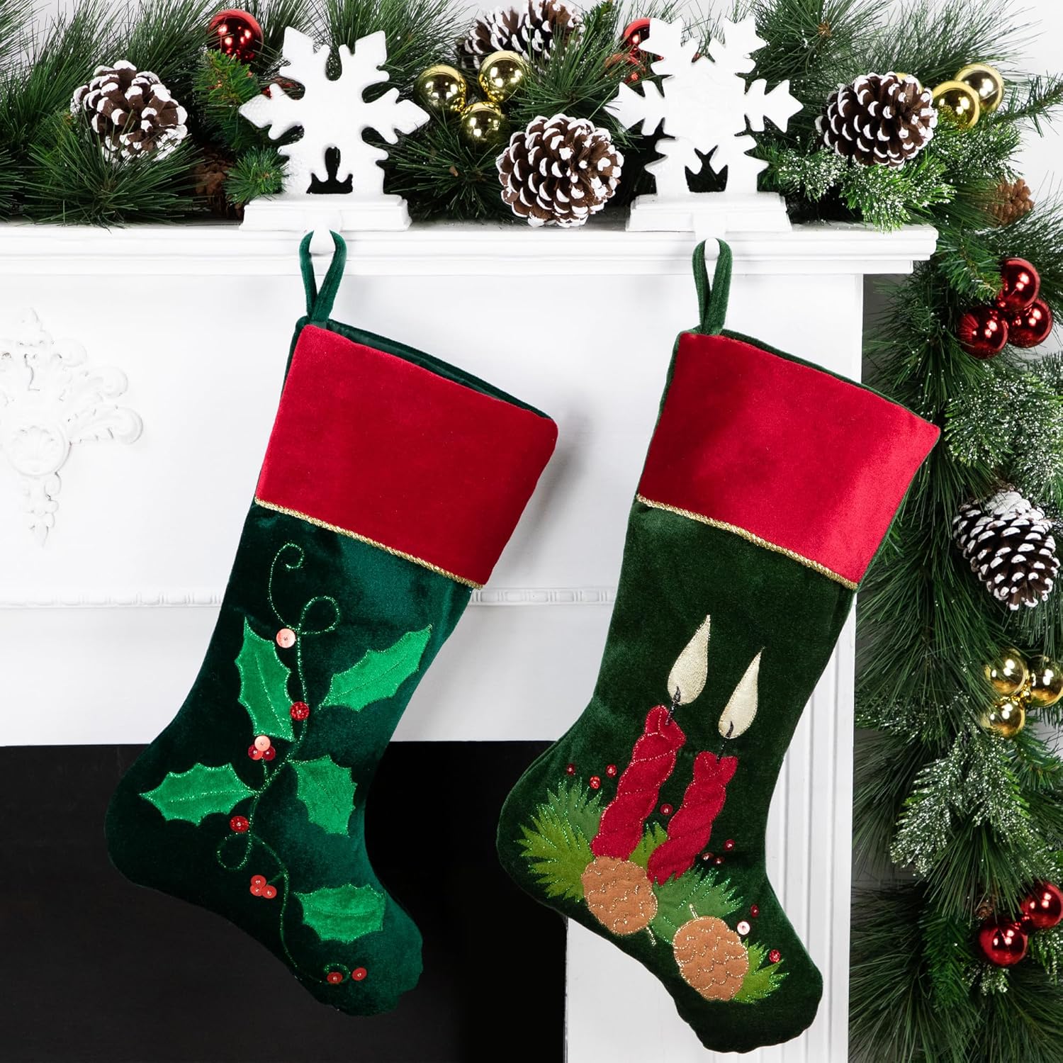 Northlight 20" Dark Green and Burgundy Candle and Pine Cone Velveteen Christmas Stocking