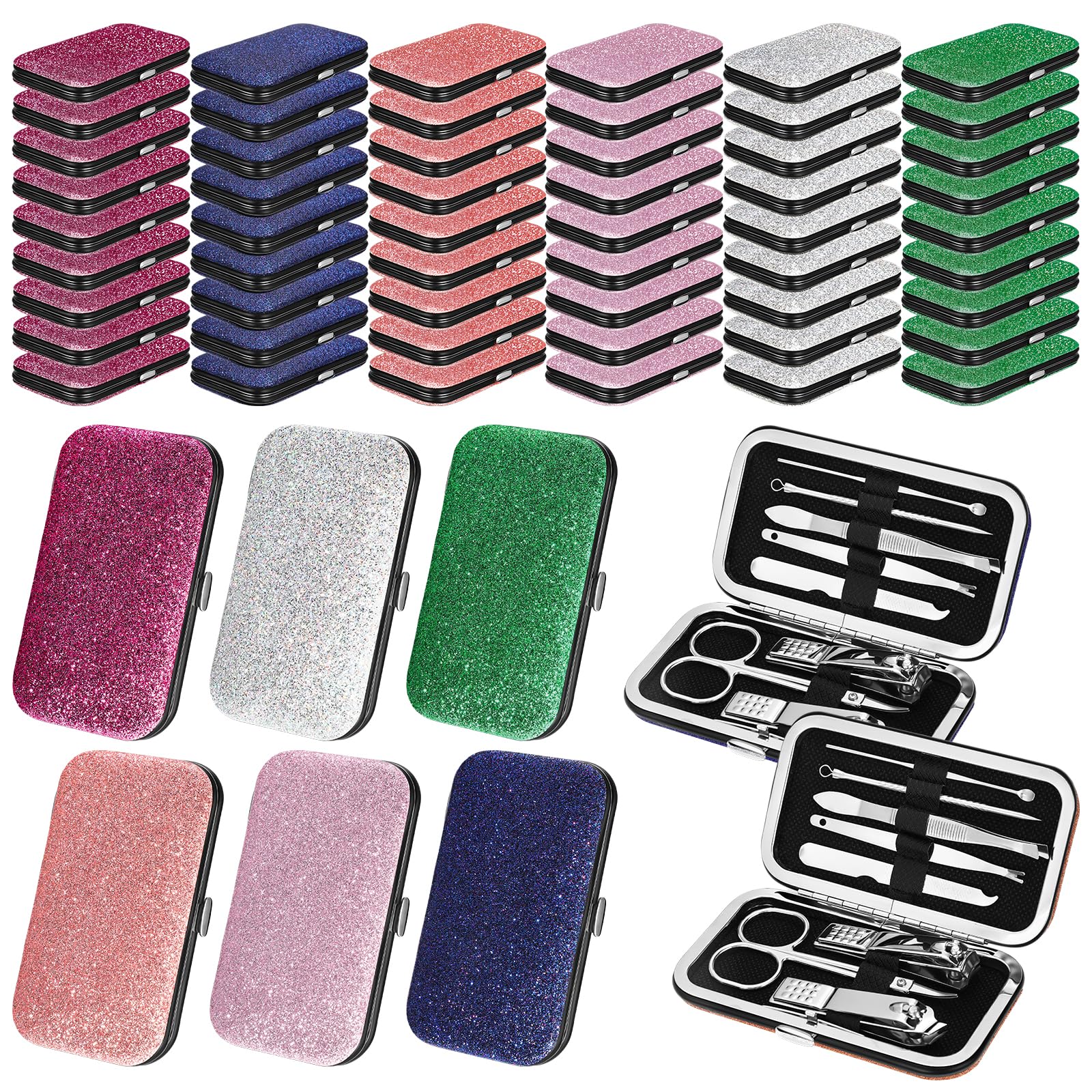 Leriton 60 Pack Manicure Set Bulk Gifts Stainless Steel Nail Clipper Set with Case 8 in 1 Personal Pedicure Kit for Women Men Gifts for Christmas(Mix