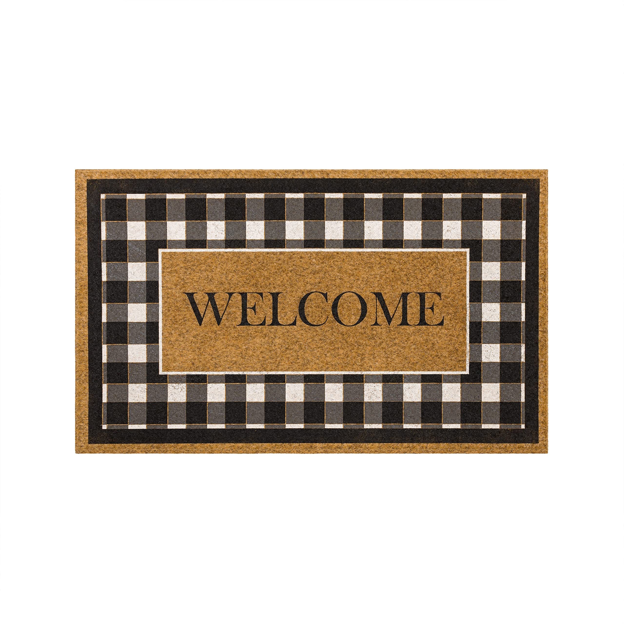 Mohawk Home Entryway Novelty Door Mat 1'6" x 2'6" Faux Coir Doormat All Weather Outdoor Non Slip Recycled Rubber, Plaid Welcome