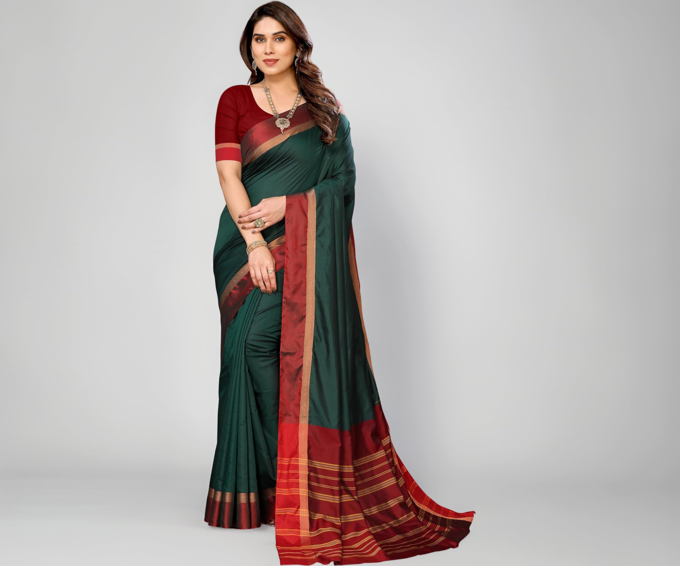 Women's Striped Pattern Cotton Silk Saree with 6 Yards Length and Unstitched Blouse Piece