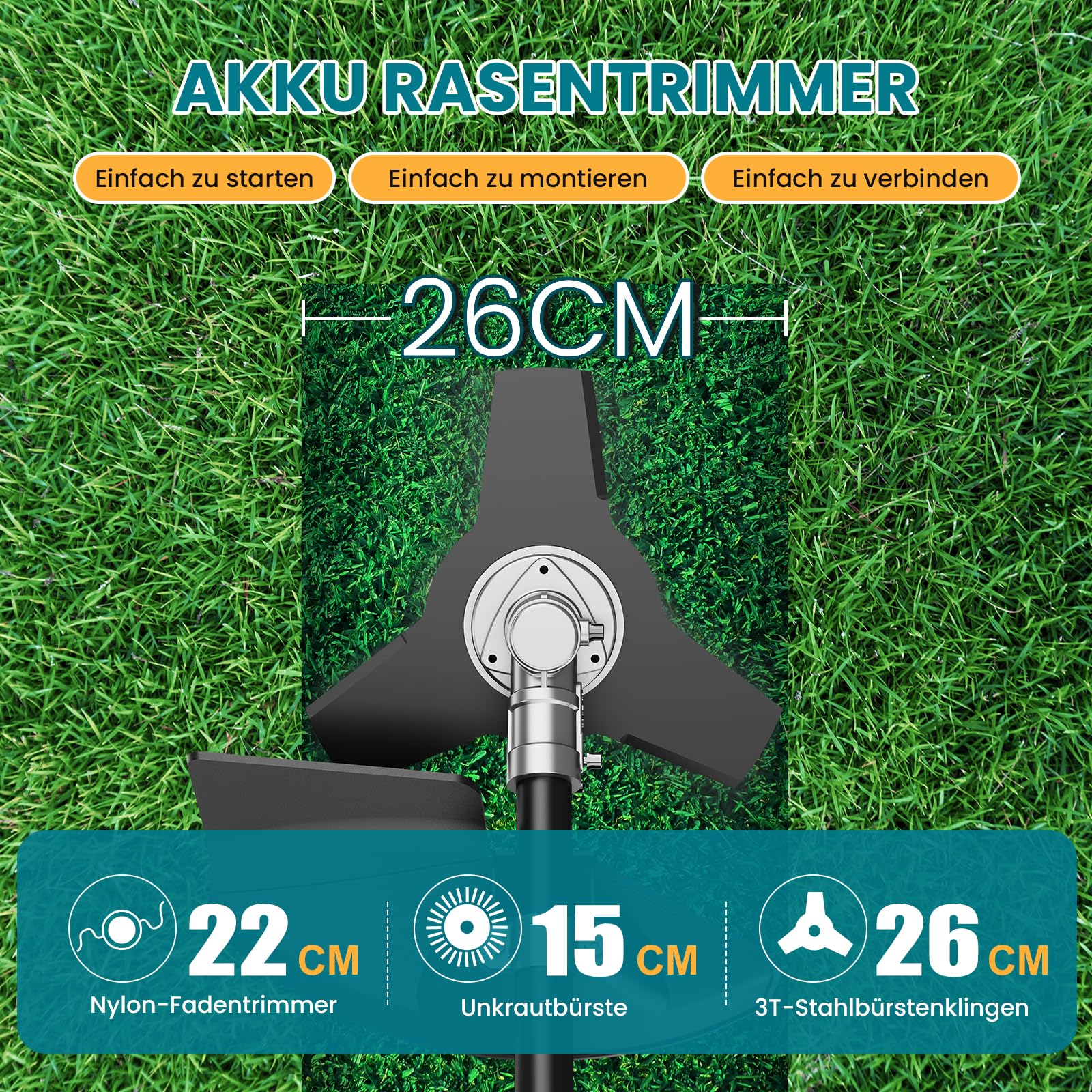 Rasentrimmer mit Akku, 26 cm Akku Freischneider mit Frontmotor, 2 x 5200 mAh Akkus und Ladegerät, 8000/12000 U/min, 3 Klingen, Verstellbarem Schaft und D-Griff, für Rasenkanten, Hohes Gras und Garten