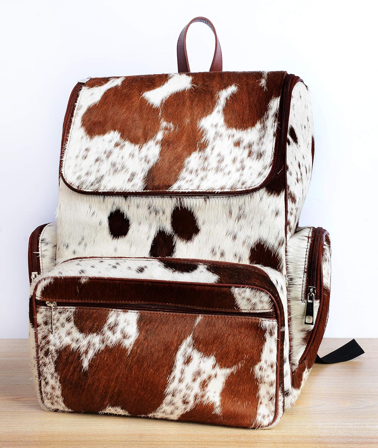 Western Cowhide Print Leather Diaper Backpack - Cute Shower Gifts For New Mom - Large Travel Bag Brown & White