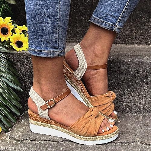 Womenyiaor Sandalias de cuña para mujer, alpargatas para mujer, puntera abierta, correa al tobillo, sandalias de tacón de cuña, sandalias elegantes