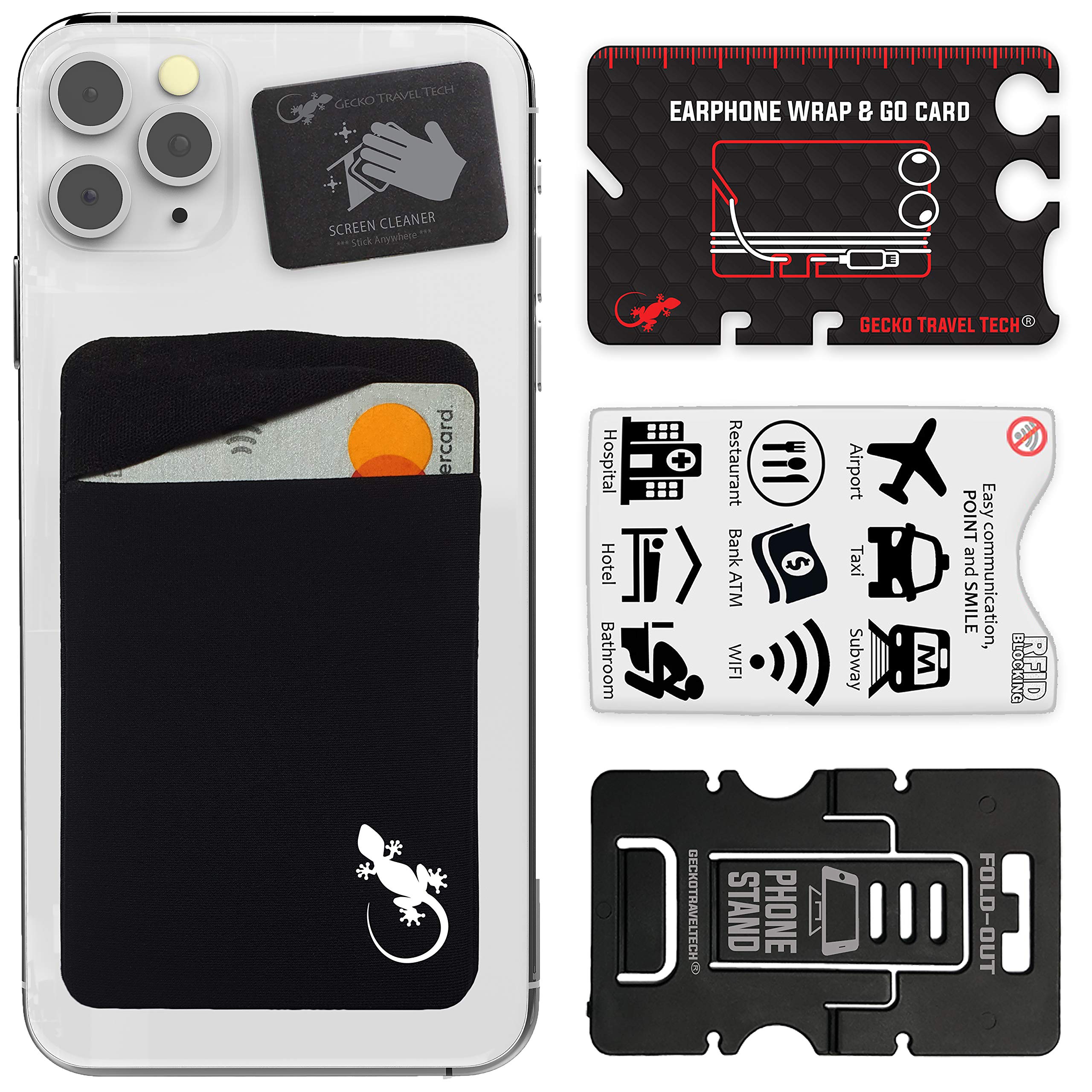 Gecko Wallet for Phone Card Holder Stick on Card Case for Phone Wallets Cases - Travel Accessories Essentials Gifts for Women - Phone Stand & Screen Cleaner Included – COVERED POCKET - BLACK WHITE