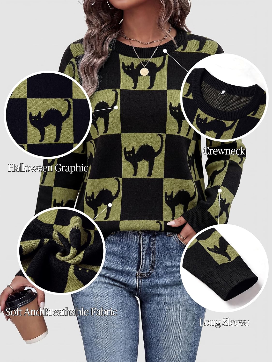 Halloween Sweaters for Women Ugly Halloween Black Cat Knit Pullover Tops