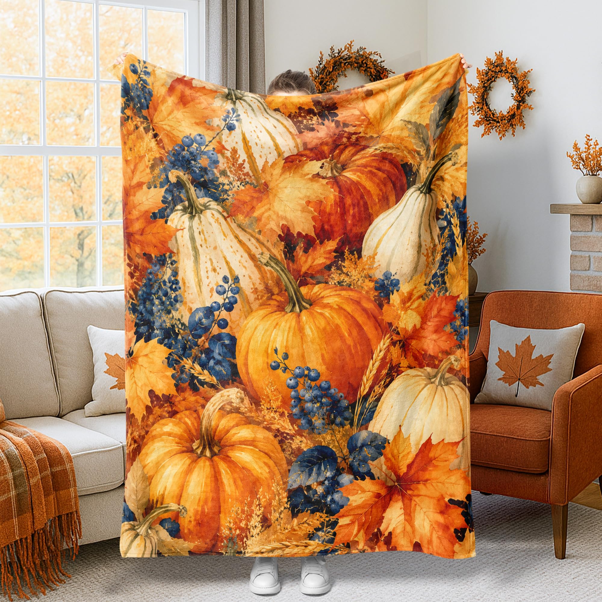 Couverture en peluche citrouilles d'automne plaid léger pour canapé et lit