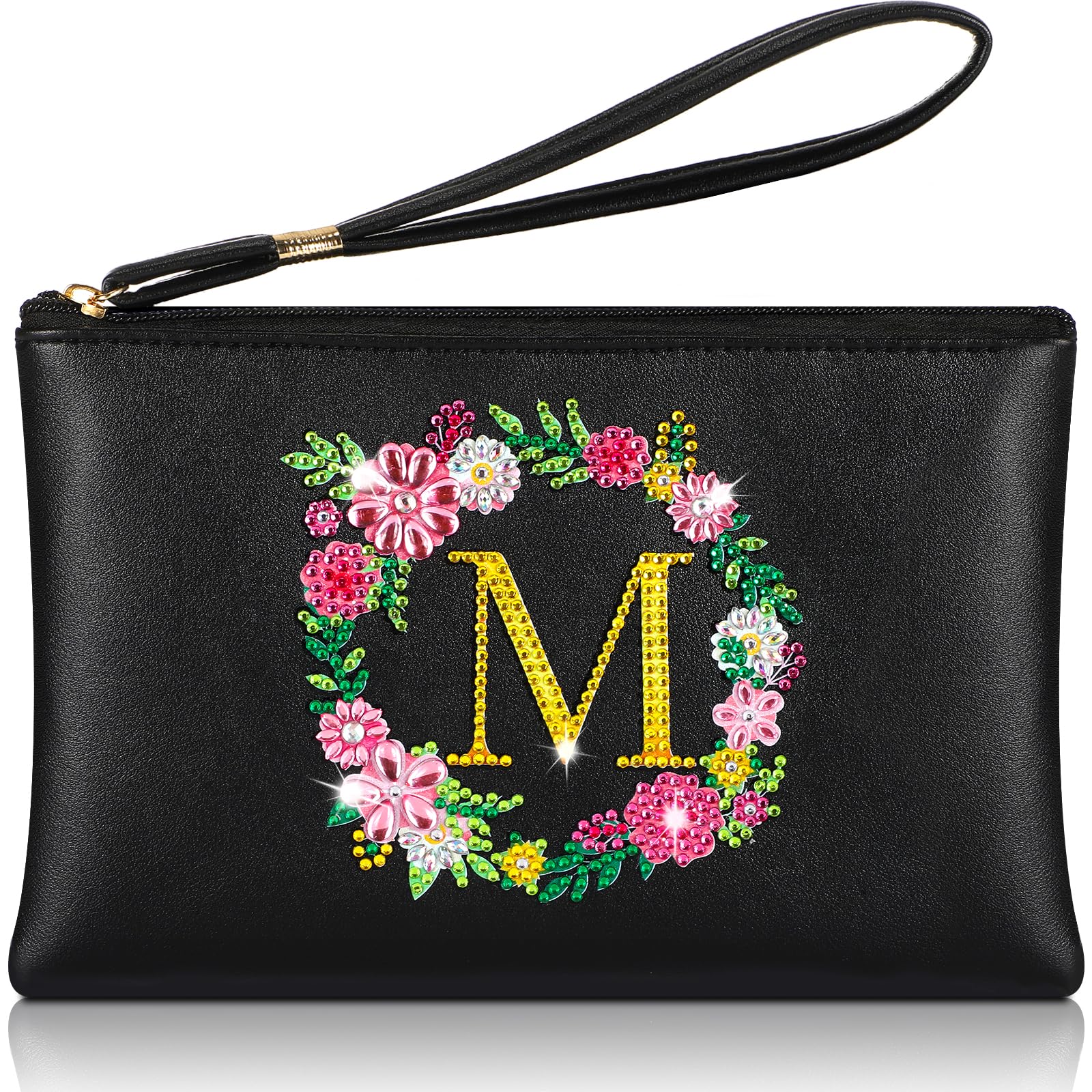 YoirratSmall Personalized Initial Letter Makeup Bag Diamond Craft Coin Purse PU Leather Painting Bags Handbag Flower Letter M Cosmetic Bag Travel Clutch Bag Wallets Zipper Pouch for Women Girls Makeup Gift