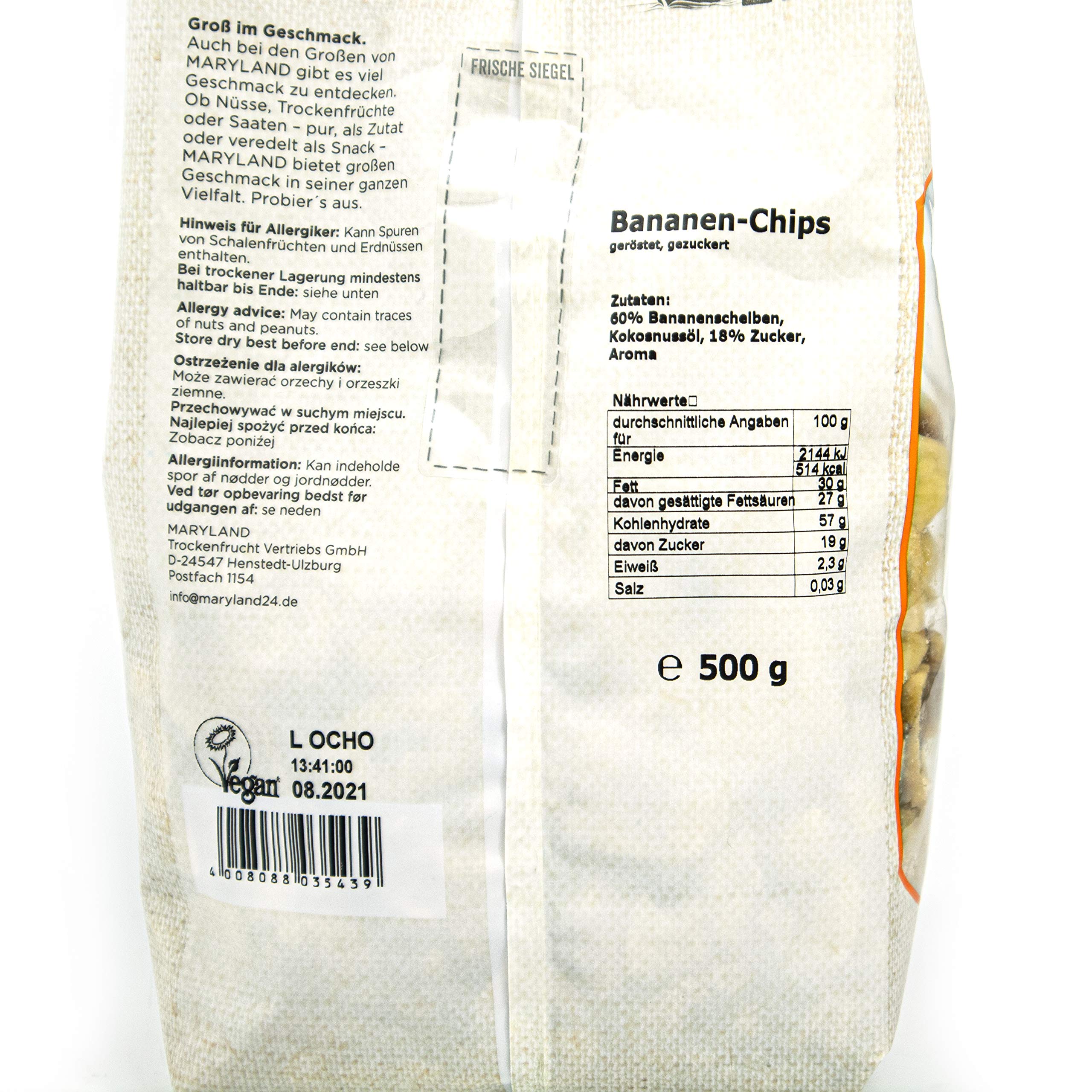 Maryland - 5er Set Bananenchips mit Rohrzucker gesüßt in 500 g Packung - Bananenscheiben getrocknet & geröstet ideal für Müsli, Süßspeisen, als Topping oder zum Backen - (Bananen Chips gezuckert)