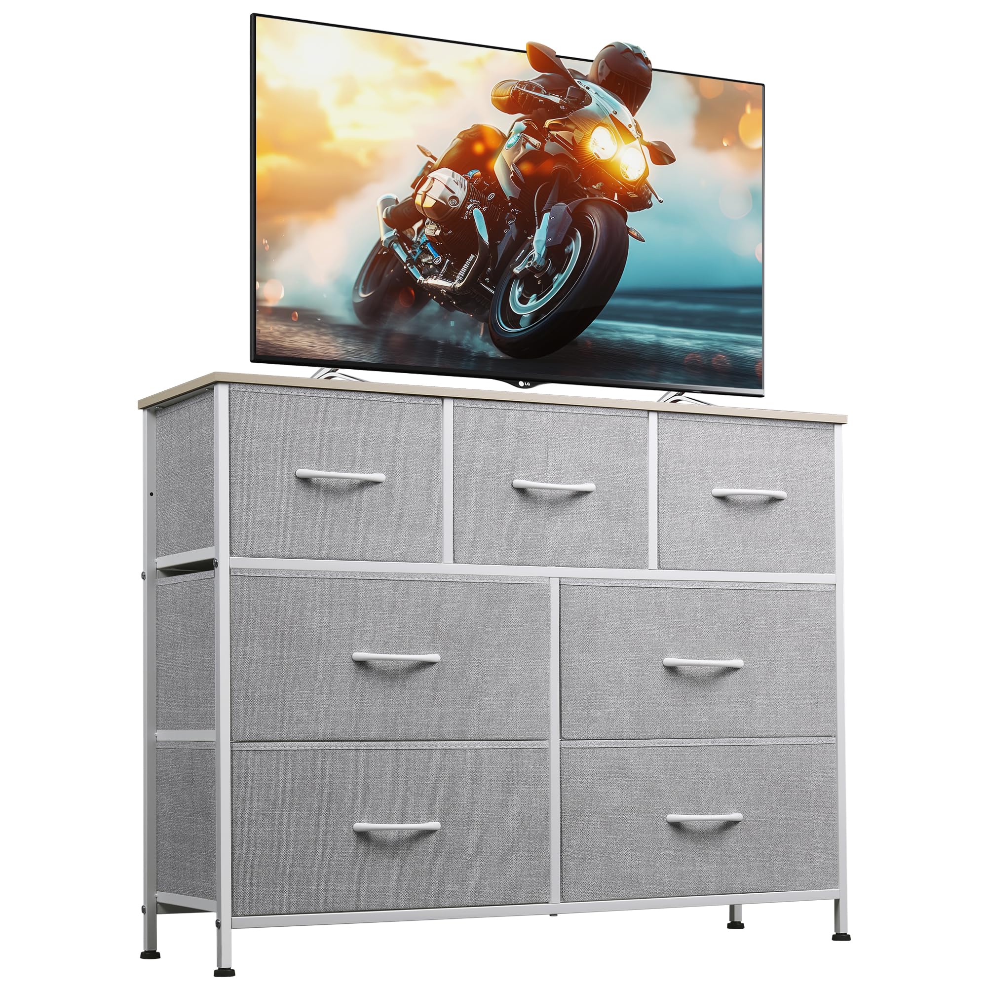 WLIVE 7 Drawer Dresser TV Stand, Entertainment Center, Media Console Table with Metal Frame and Wood Top for TV up to 45 inch, Chest of Drawers for Bedroom, Living Room, Light Grey