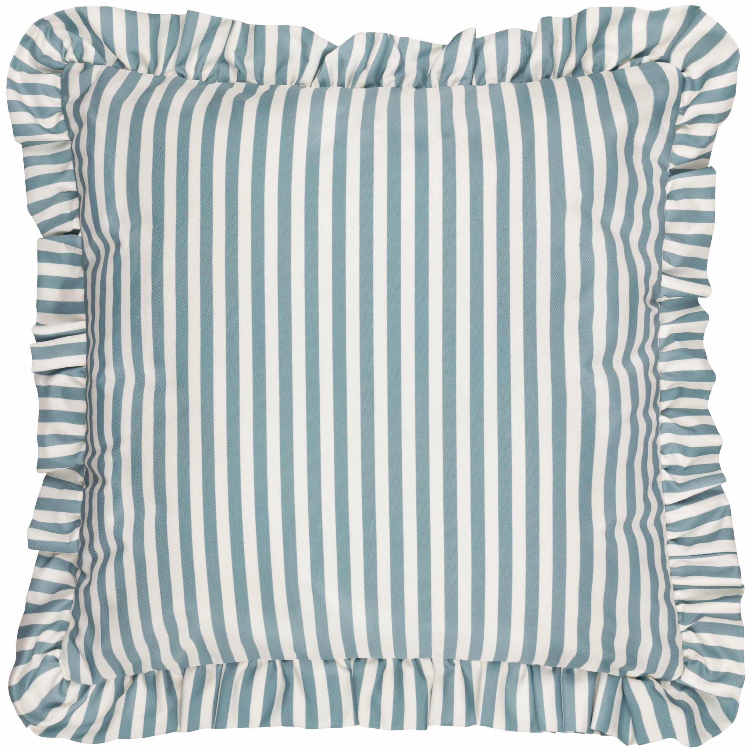 furn. Wylder Millie Ruffle Polyester Filled Cushion – Water Resistant Ruffled Edge Heritage Stripe Outdoor Decorative Pillow (Duck Egg Blue - 50x50cm)