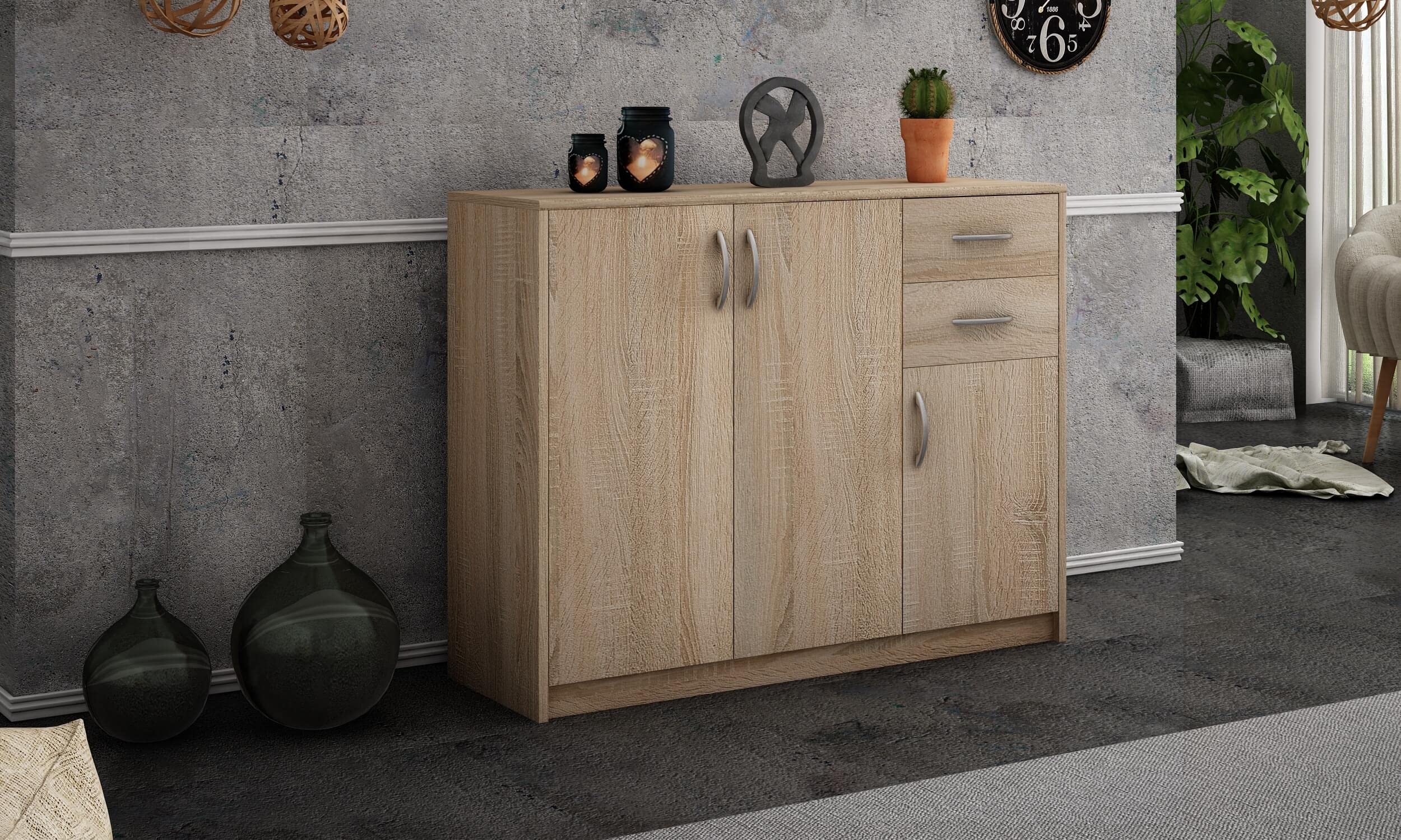 MATKAM Schlafzimmer Kommode mit Schubladen und Türen - Sideboard Wohnzimmer H:85xB:110xT:35 cm - Komode mit 2 Schubladen und 3 Türen - Komodenschrank für Schlafzimmer - Sonoma Eiche
