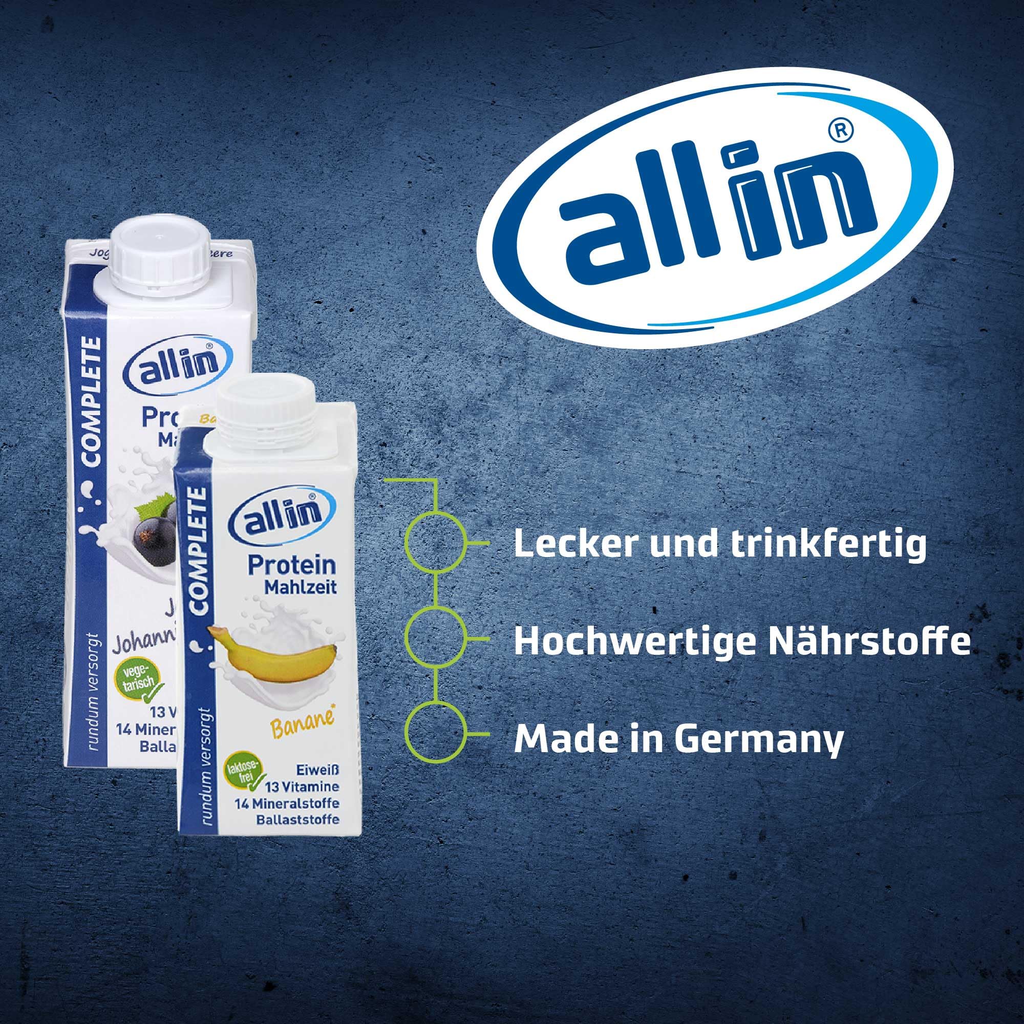 all in® COMPLETE Drink | 8 Sorten: Vanille, Kaffee, Schokolade, Erdebeere, Banane, Joghurt Orange, Johannisbeere & Hafer Kakao | hochkalorische Trinknahrung | 14 x 200/ 250ml
