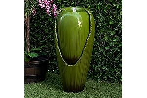 Alpine Corporation Antique Jar Water Fountain with Green Aged Patina Leaf Design