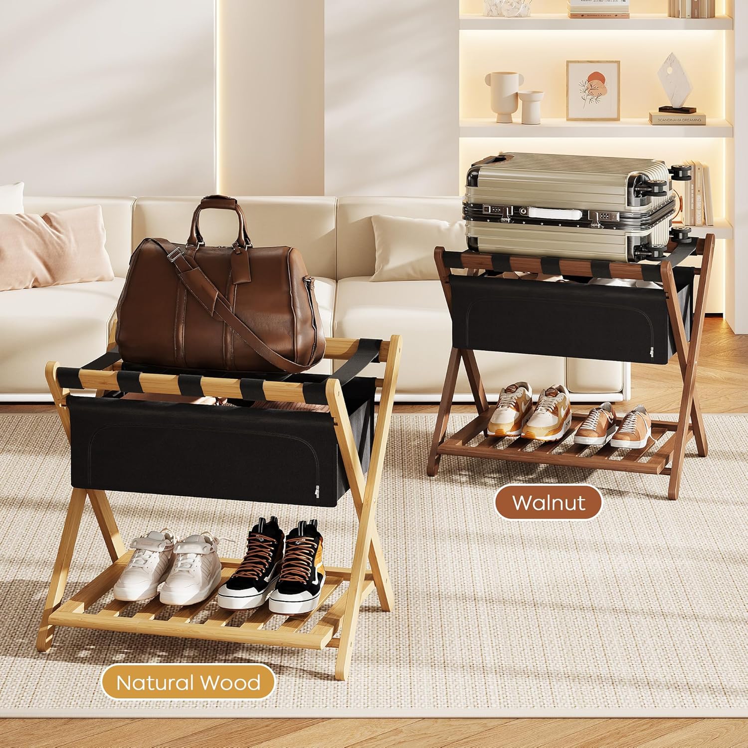 Full Assembled 26.77"L Luggage Rack for Guest Room, Set of 2 Foldable Suitcase Stand with 5 Nylon Straps & Cloth Bag, Luggage Stand Holder with Shoe Shelf for Suitcases Hotel (Natural Wood Bamboo)